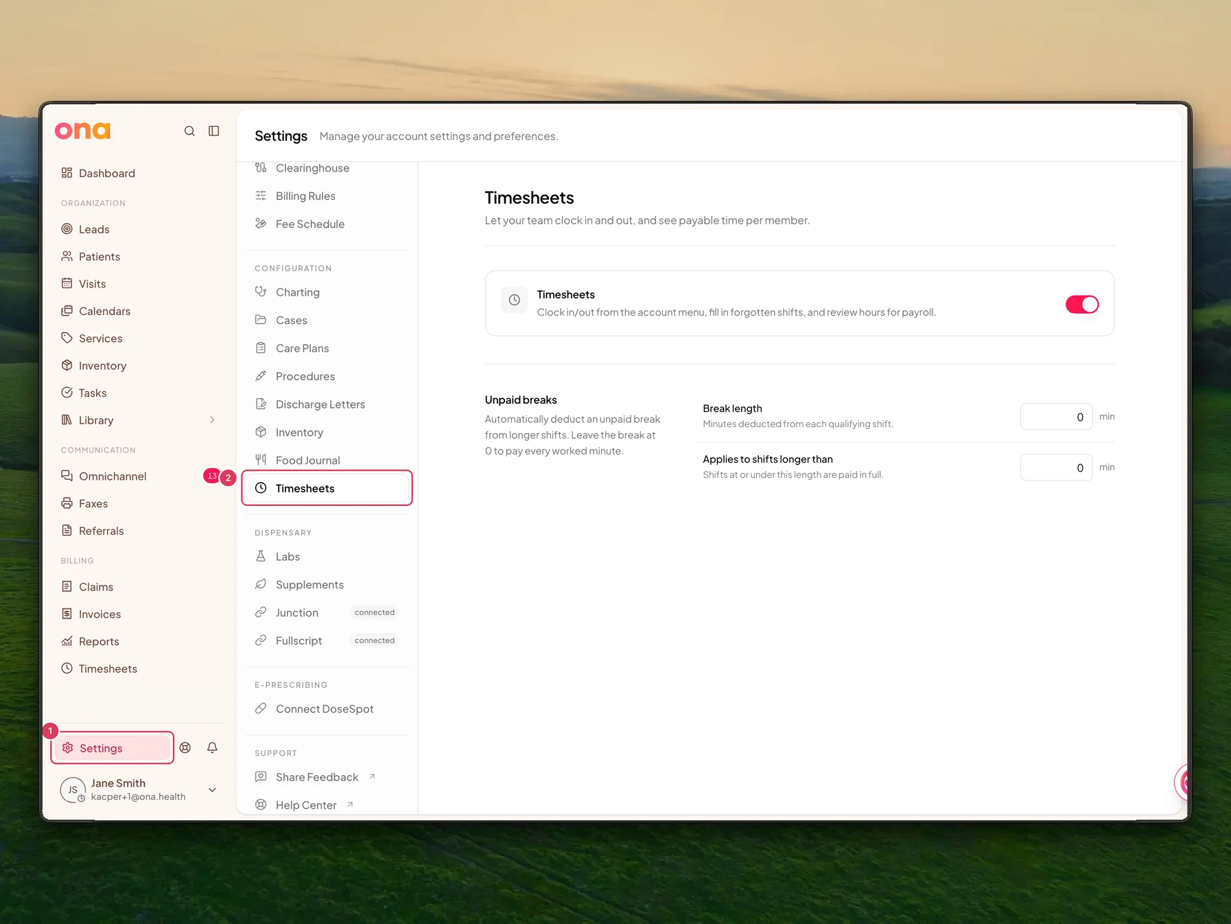 The Timesheets settings page is open with Settings in the main sidebar and Timesheets in the settings menu highlighted.