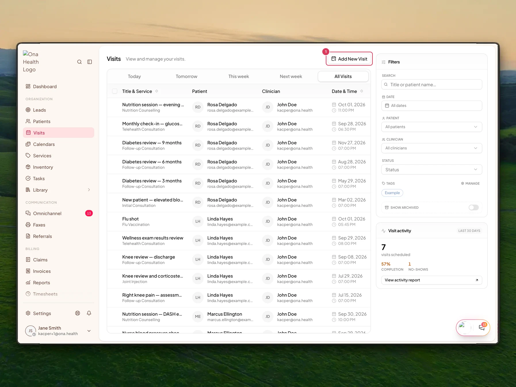 The Visits page shows the Add New Visit button at the top of the visit list.