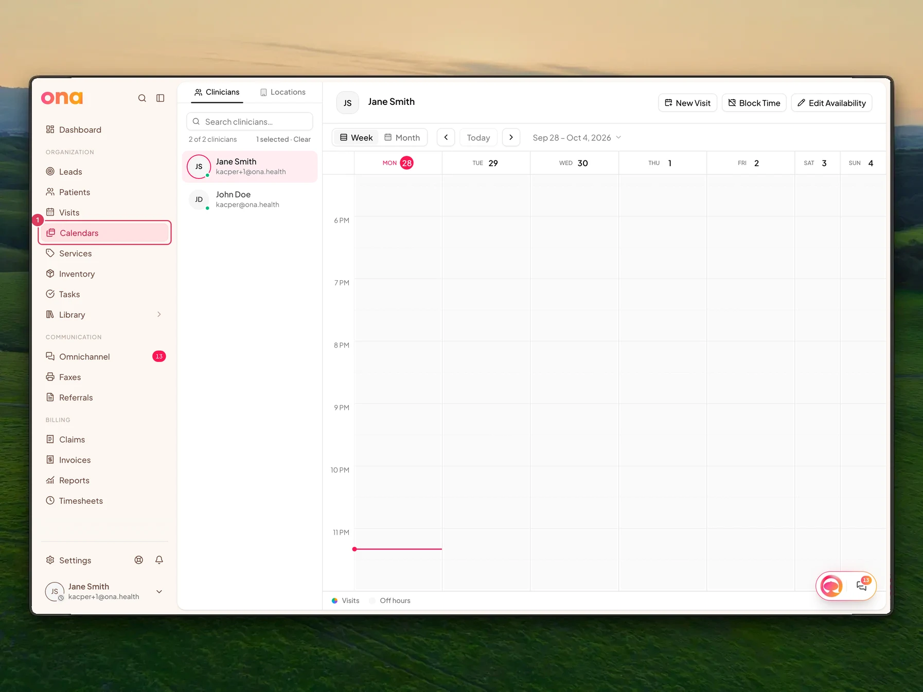 The Calendars page is open with the Calendars item highlighted in the main sidebar, showing where to check clinician availability.