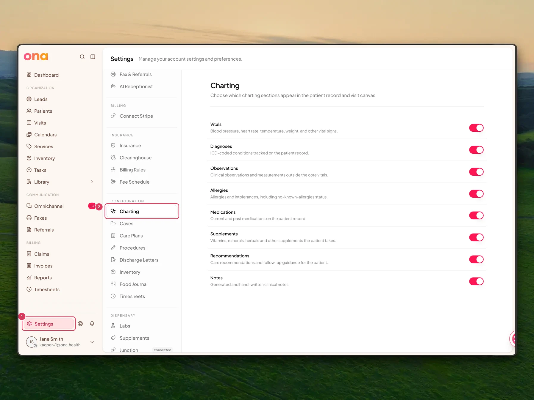 The Charting settings page is open with Settings highlighted in the main sidebar and Charting highlighted in the settings menu.