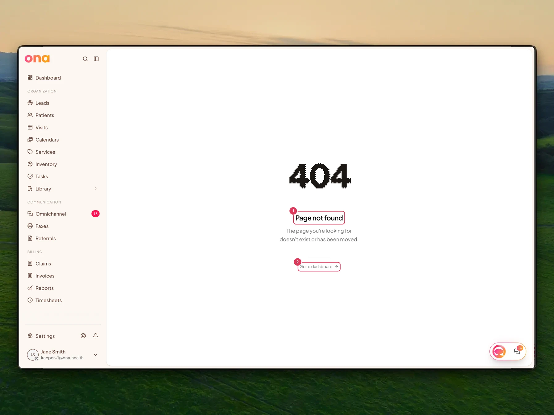 A dashboard Page not found screen is visible with the Page not found heading, explanatory text, and a Go to dashboard link highlighted.