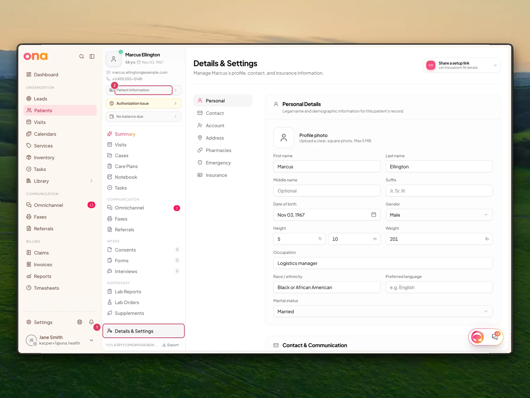 Marcus Ellington's patient chart is open on Details and Settings, with the Details and Settings tab and Patient Information area highlighted for checking demographic and insurance details.