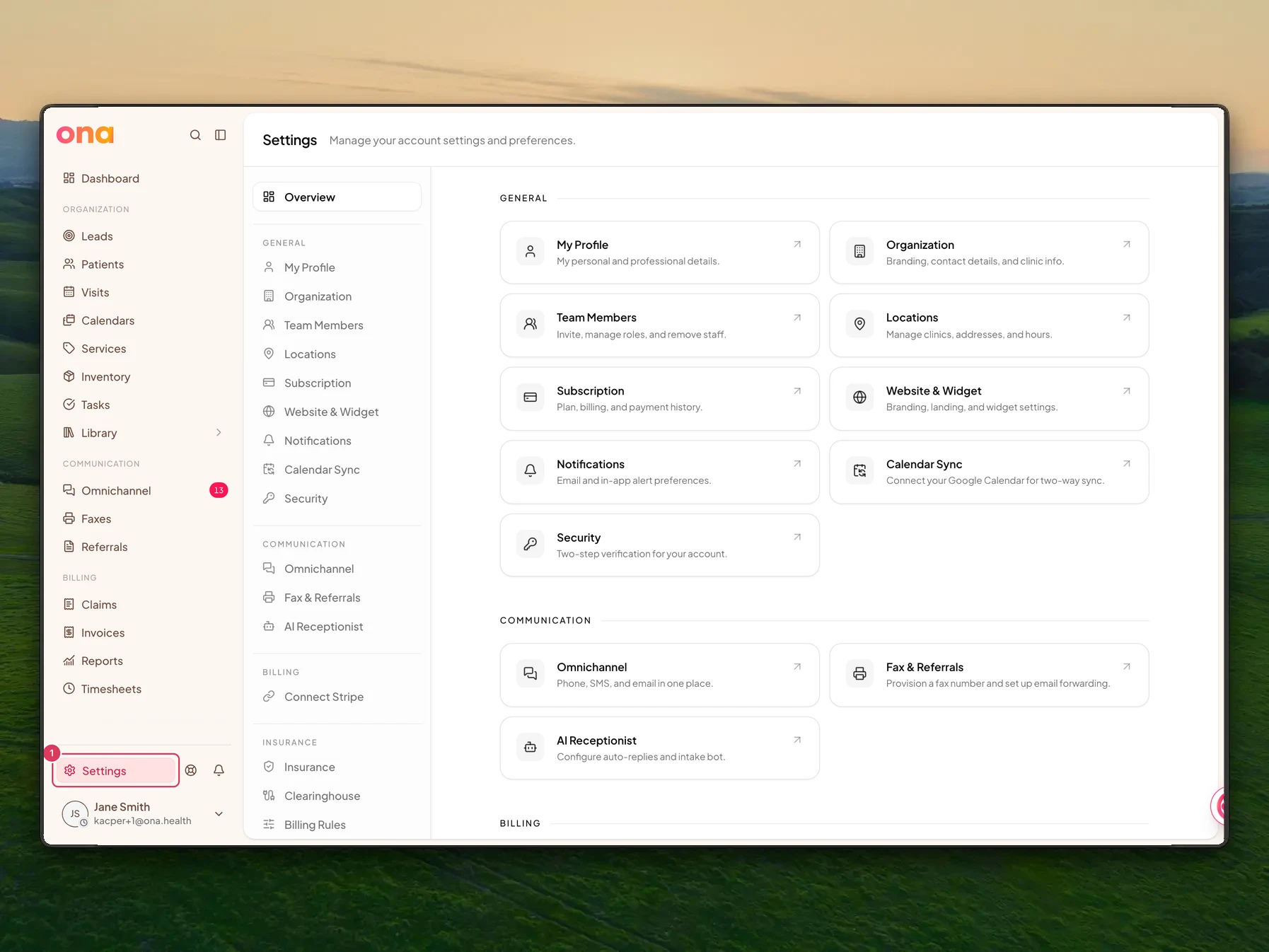The Settings area is open with Settings highlighted in the main sidebar.