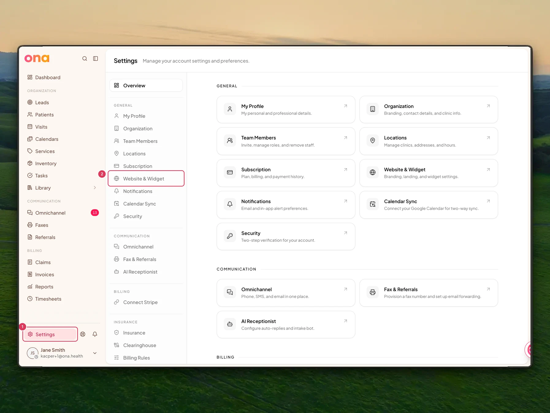 The Settings area is open with the main Settings sidebar item and the Website & Widget settings menu item called out.