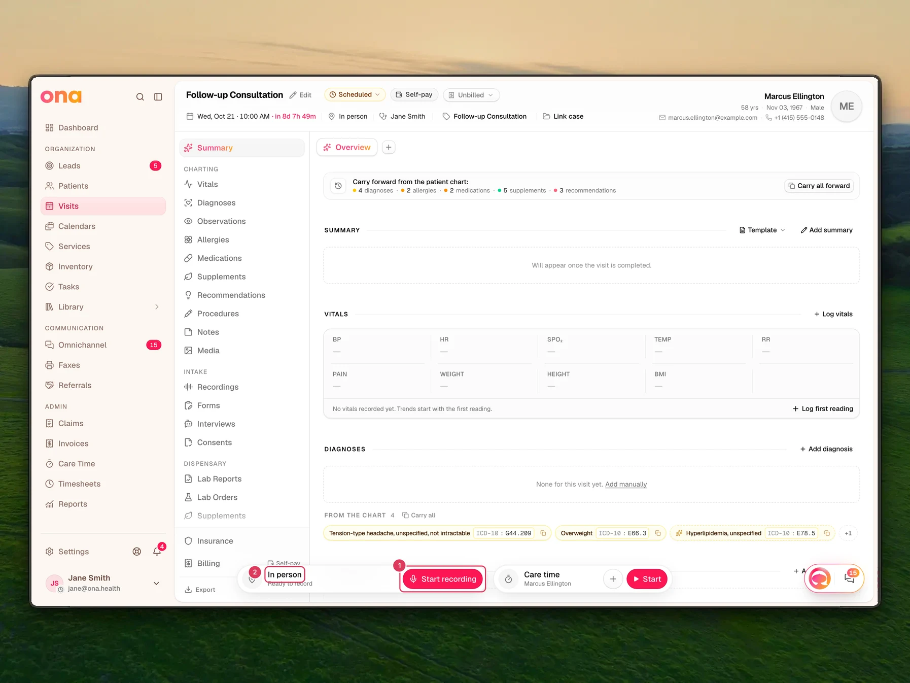 Marcus Ellington's visit page is open, with the Visit sections navigation on the left and the bottom recording dock showing a Start recording button, while the Visit sidebar remains visible.