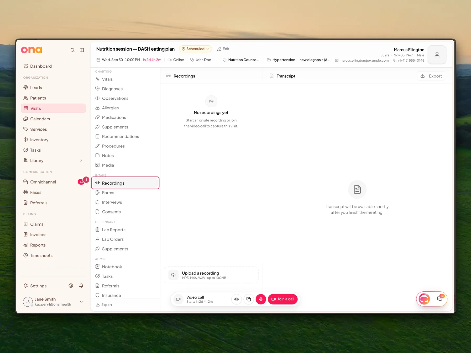 The visit page is open with the Visit sections navigation visible and the Recordings view selected, showing the visit recordings and transcripts area in the main pane.