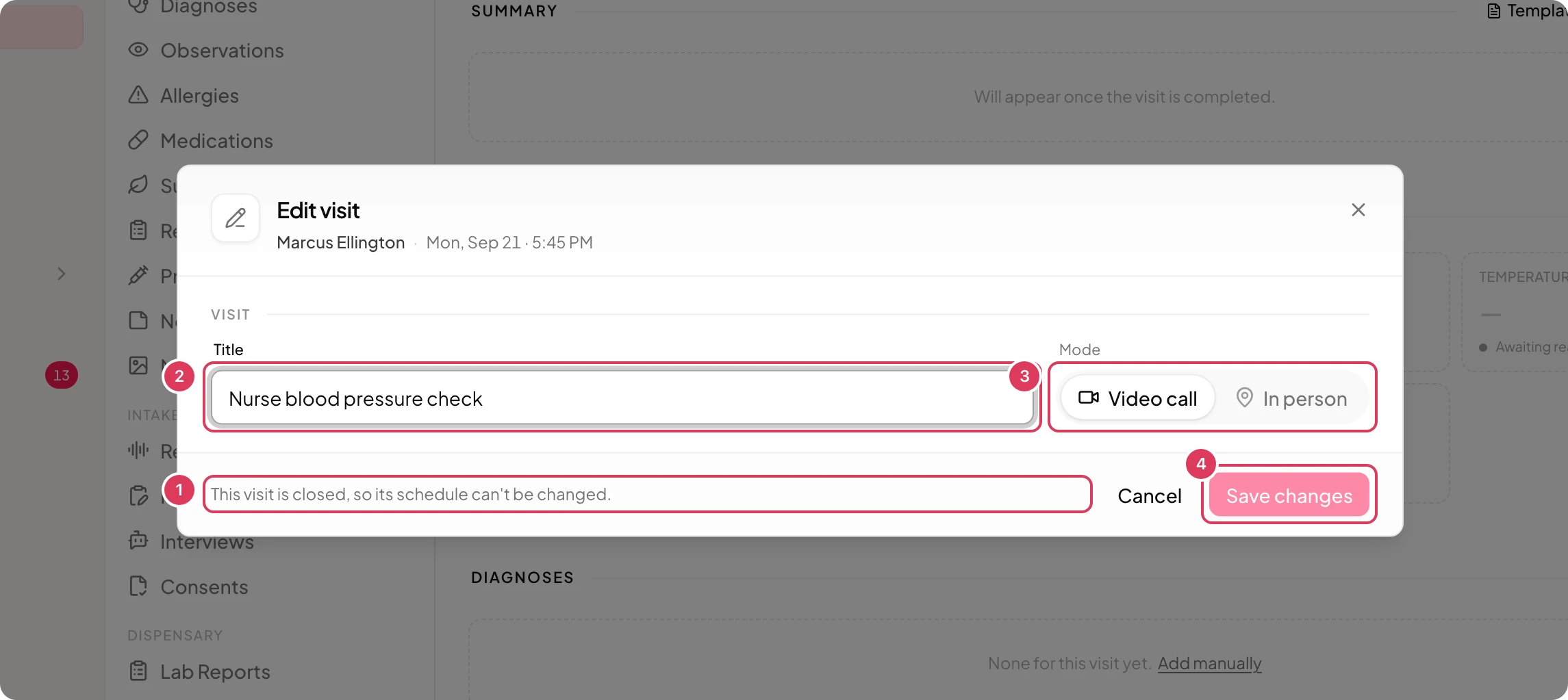 The Edit visit dialog for a closed visit is open, showing title and mode fields plus a message that the visit is closed so its schedule cannot be changed.