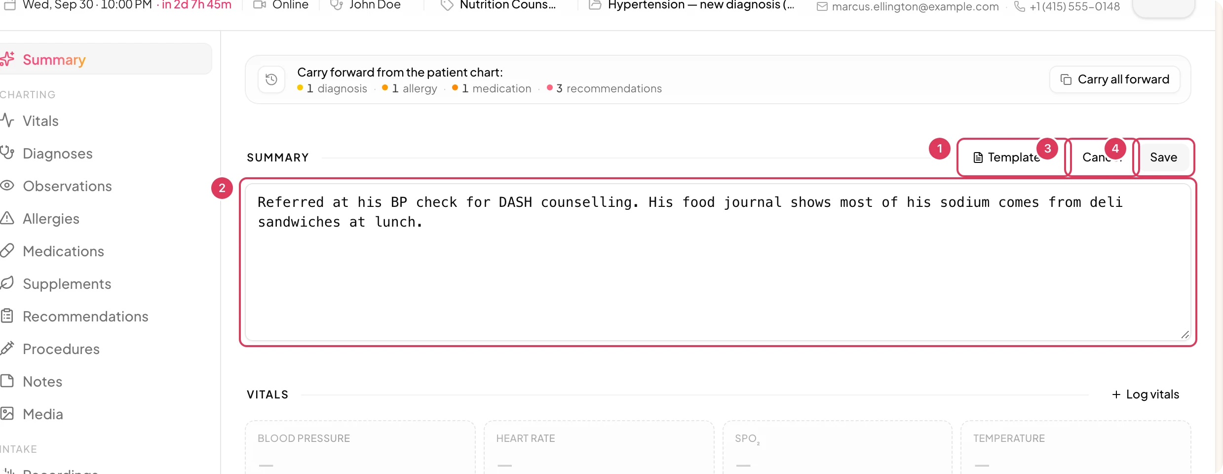 The Summary section is in edit mode with the Template button, markdown summary text area, Cancel button and Save button visible.