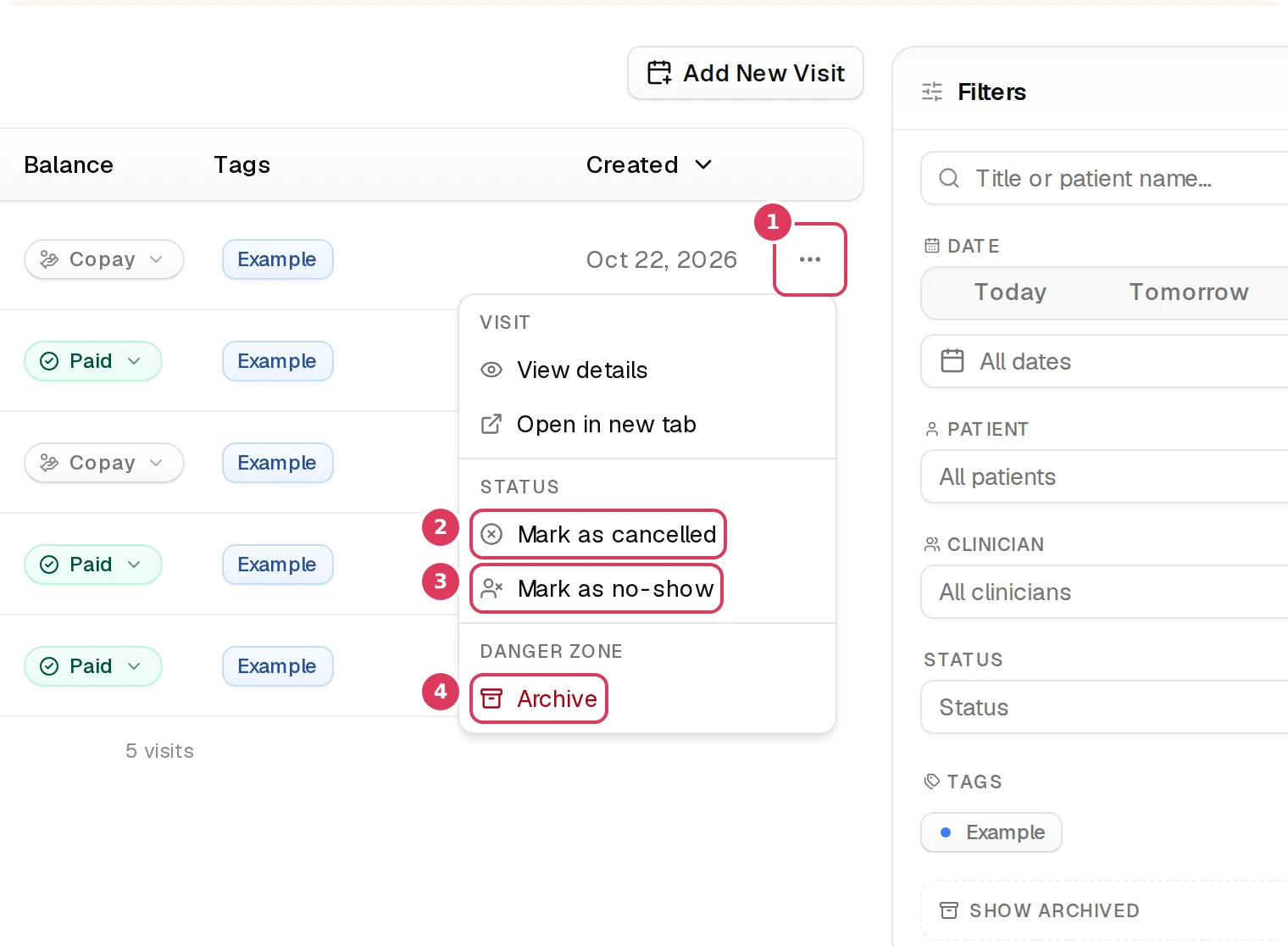 The Visits list is open with the actions menu expanded for a visit row, showing the row menu button and the cancel, no-show, and archive actions.