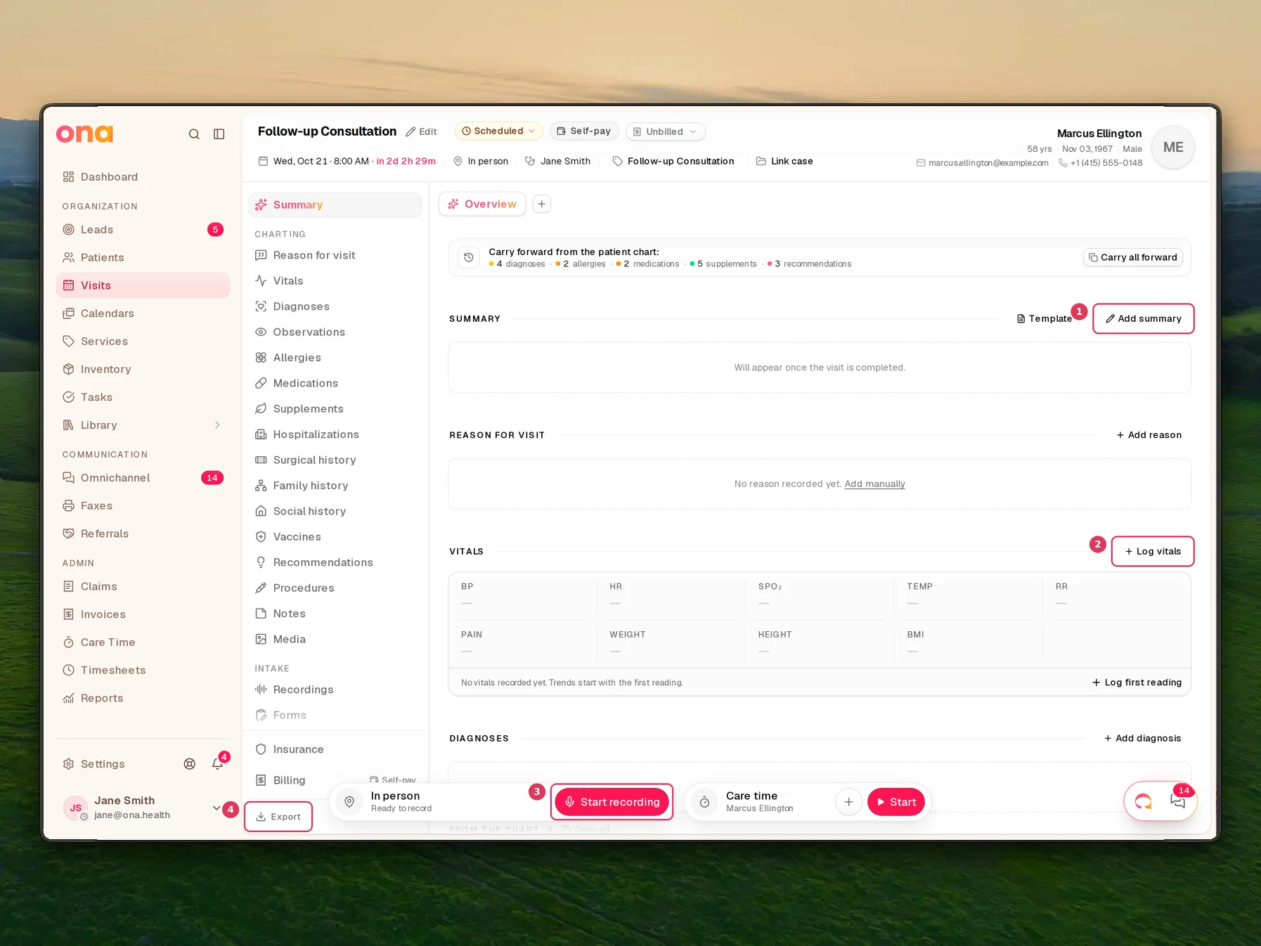The visit workspace is open, with the Summary and Vitals sections in the main panel, the Visit sections navigation on the left, and the visit bar at the bottom.