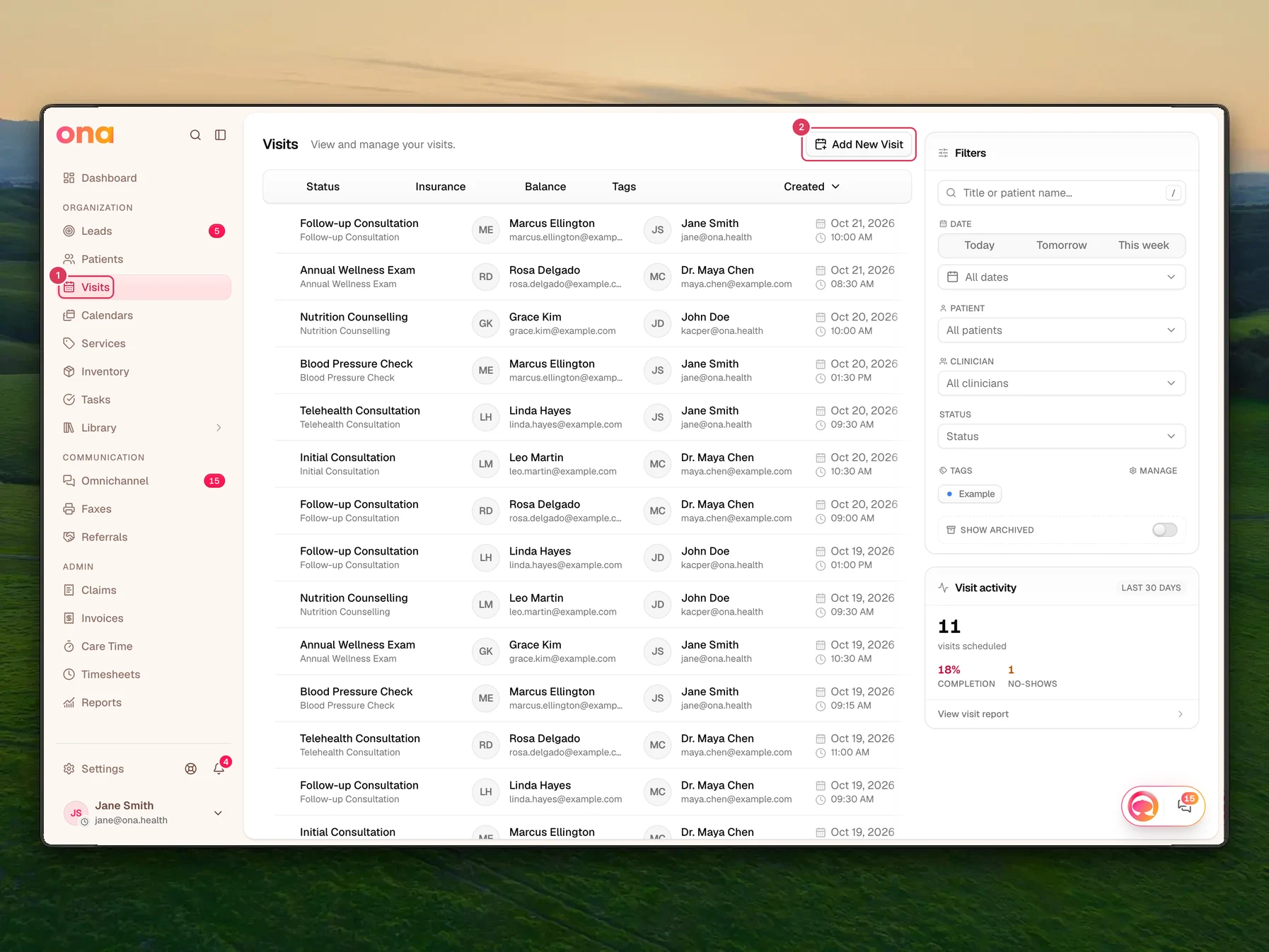 The Visits page is open with the Visits link selected in the left sidebar and an Add New Visit button in the main panel above a table of existing visits.