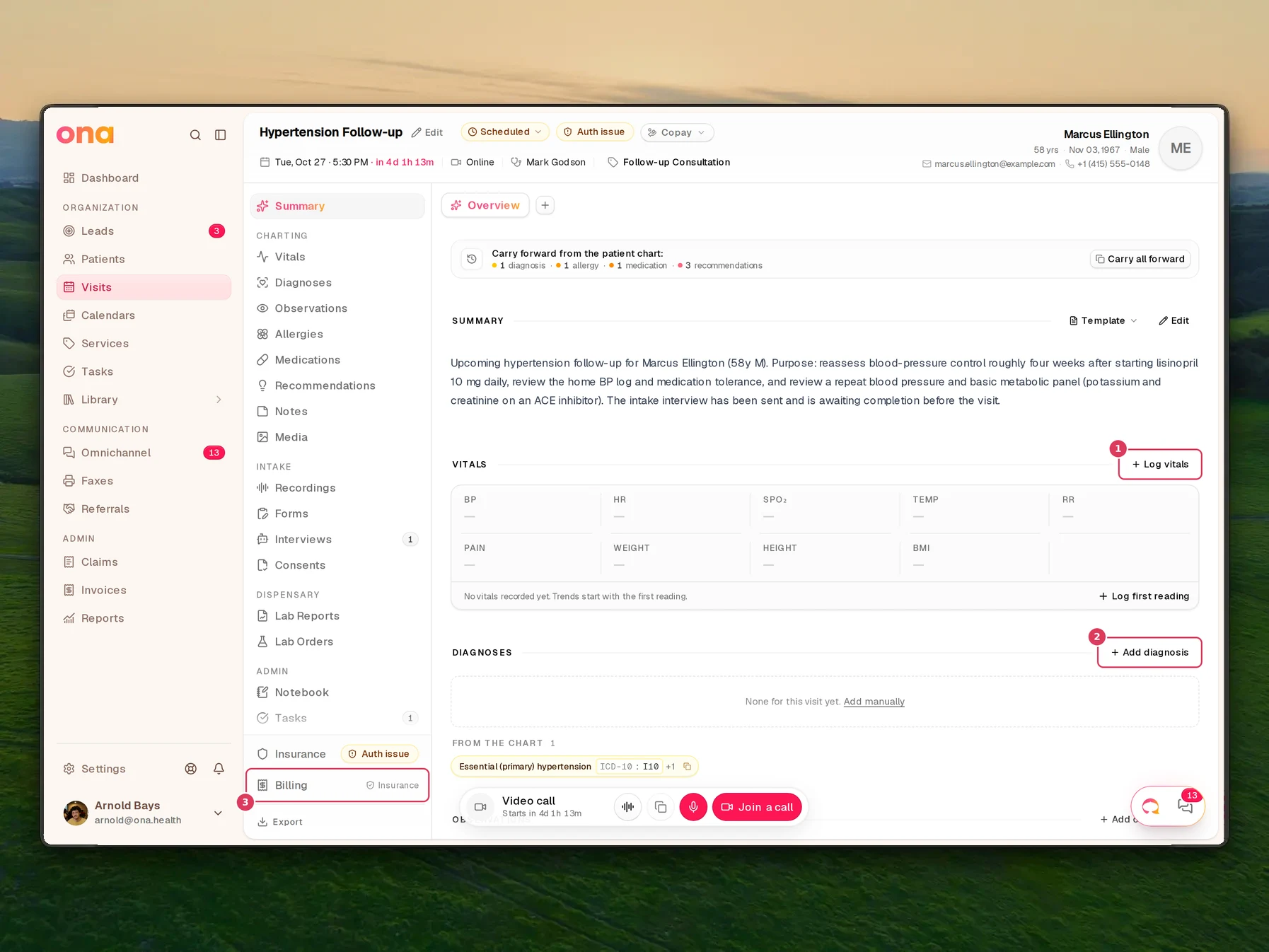 The in-progress visit is open with the Visit sections navigation visible on the left and the charting controls for vitals, diagnoses, and billing in the main workspace.