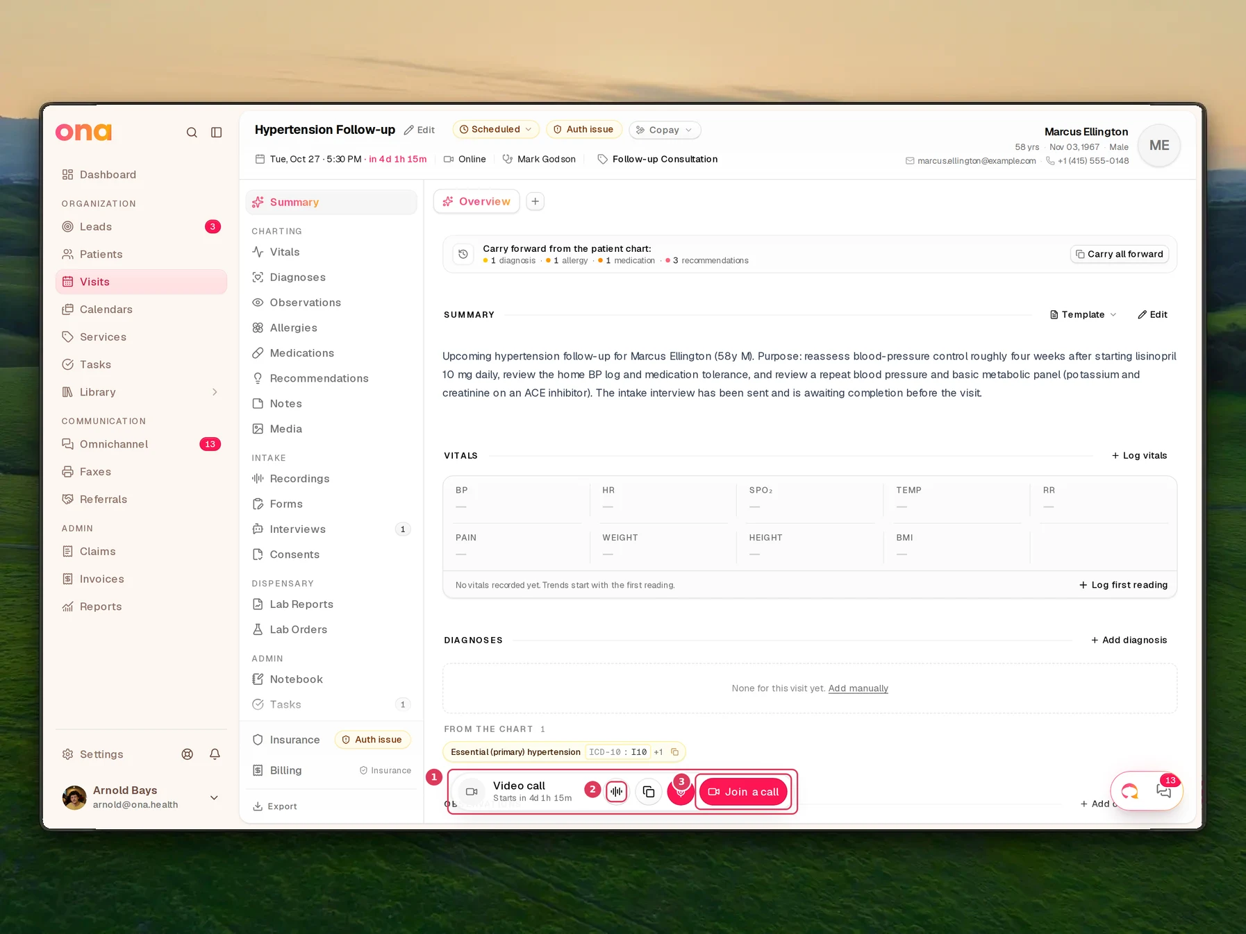 The visit workspace is shown with a Video call card below it, including the Copy the patient's join link button and the Join a call link, as a reminder that telehealth is a visit mode.