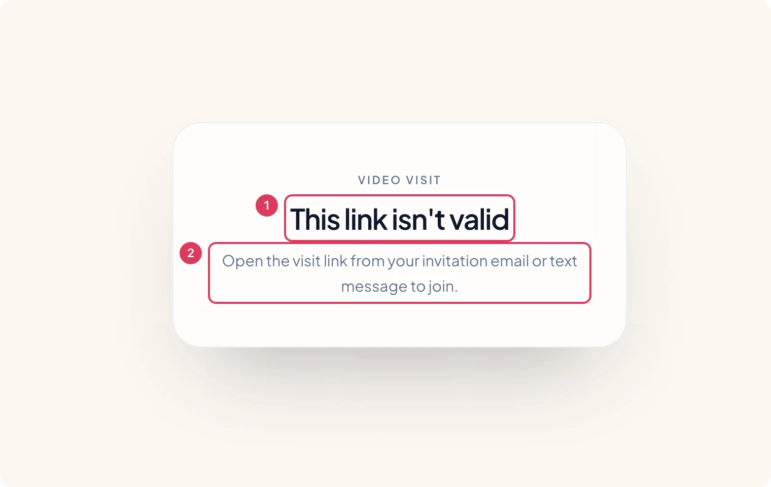 The Ona video visit page shows an invalid-link message telling the patient or clinician to open the visit link from an invitation email or text message.