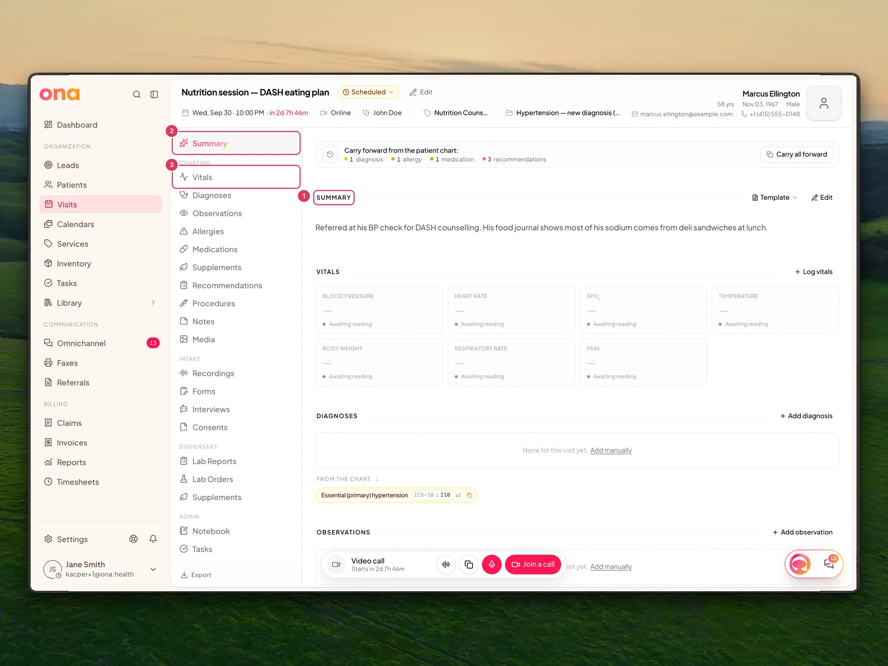 The visit workspace is open with Summary selected in the visit sections navigation and the Summary section at the top of the chart before the other clinical sections.