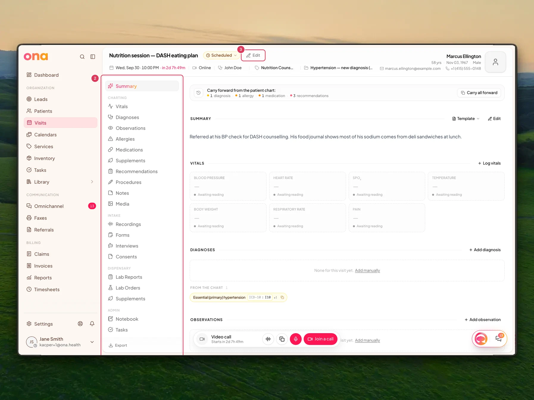 An in-progress visit record is open with the visit header, status area, Edit control, and Visit sections navigation visible.