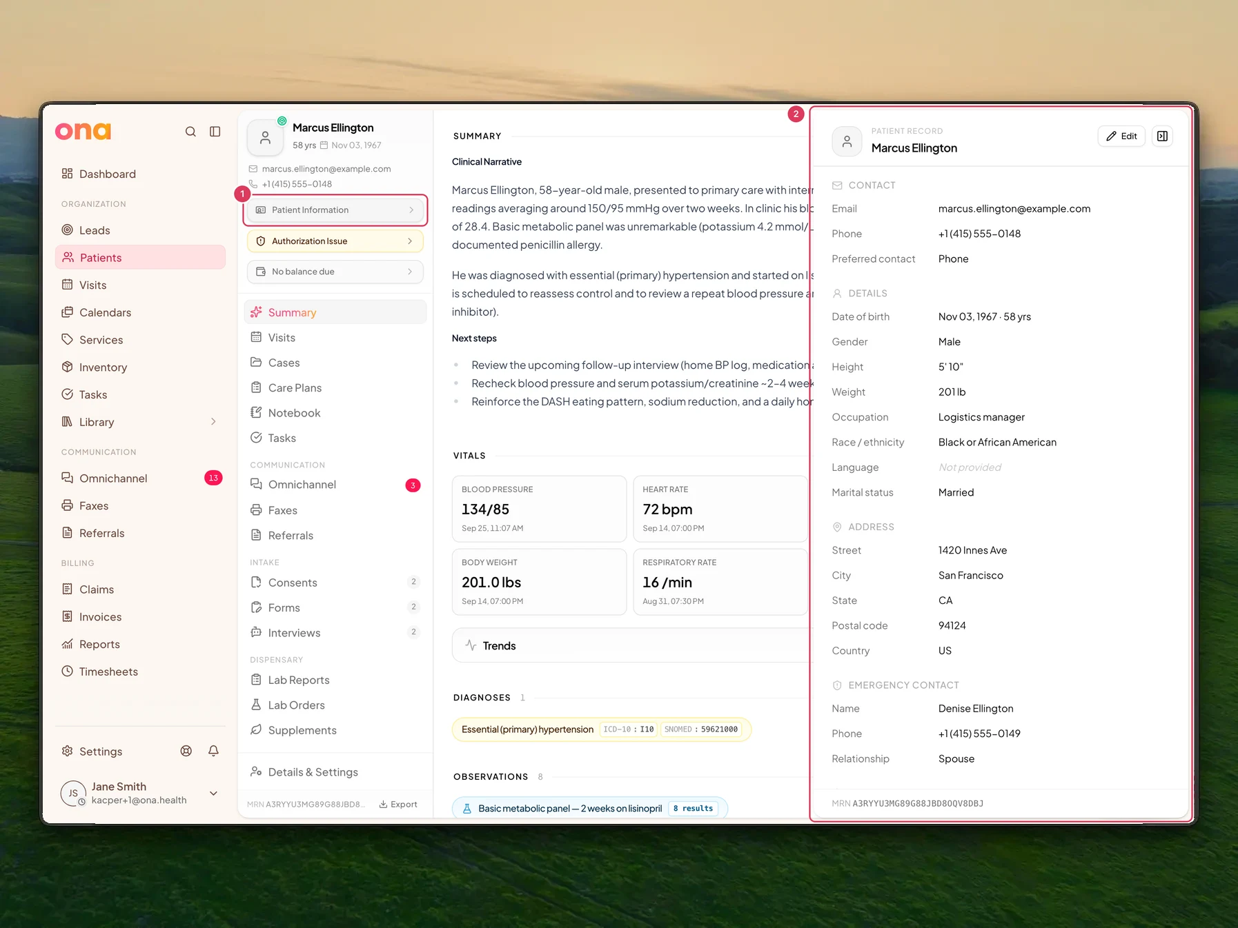 Marcus Ellington's patient chart is open with the Patient Information control highlighted and the split-view side panel docked on the right highlighted as the place that opens beside the chart.