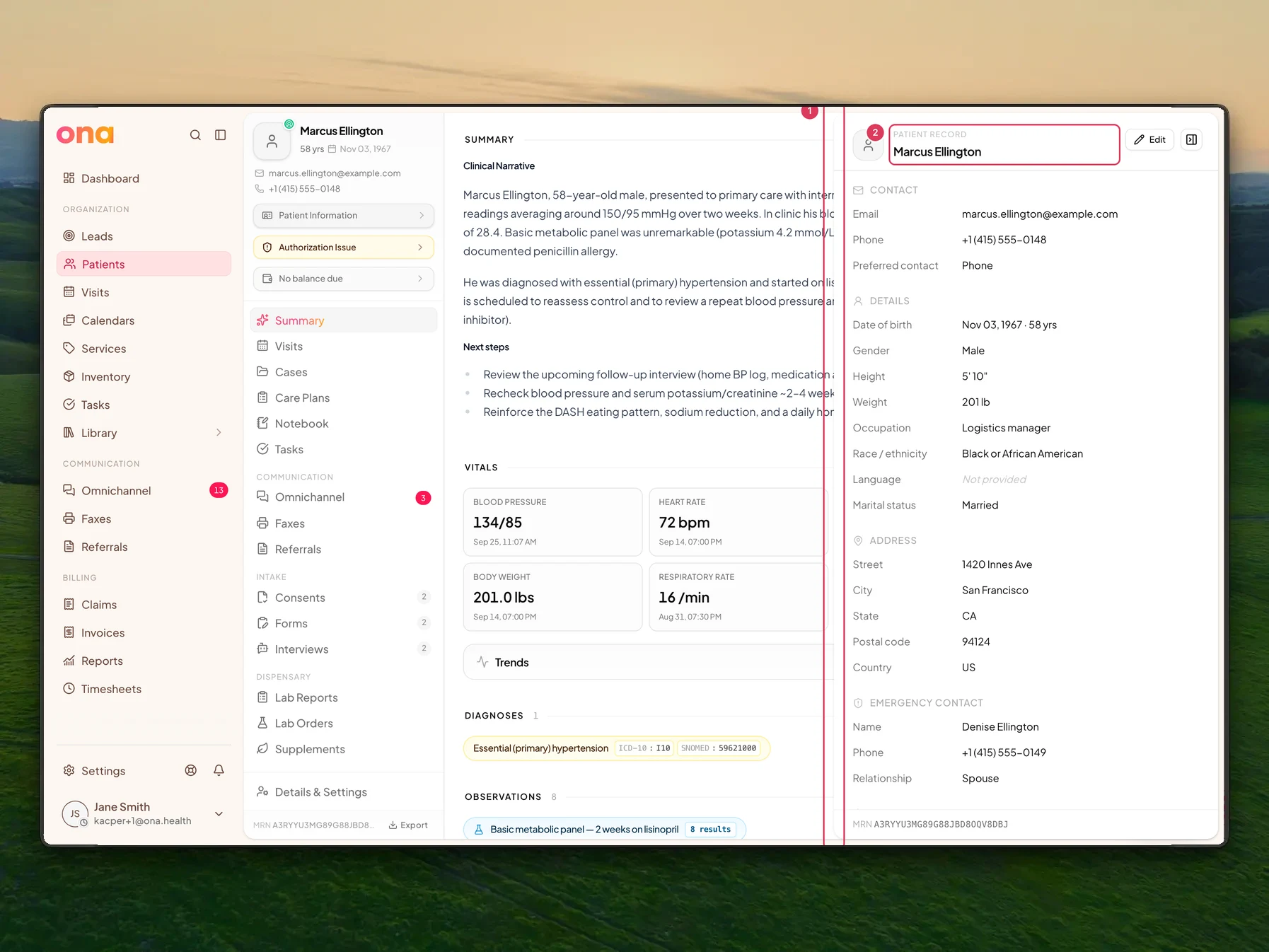 Marcus Ellington's chart is shown with the patient information split-view panel open on the right, the vertical Resize panel separator on the panel's left edge highlighted, and the patient record side panel content highlighted.