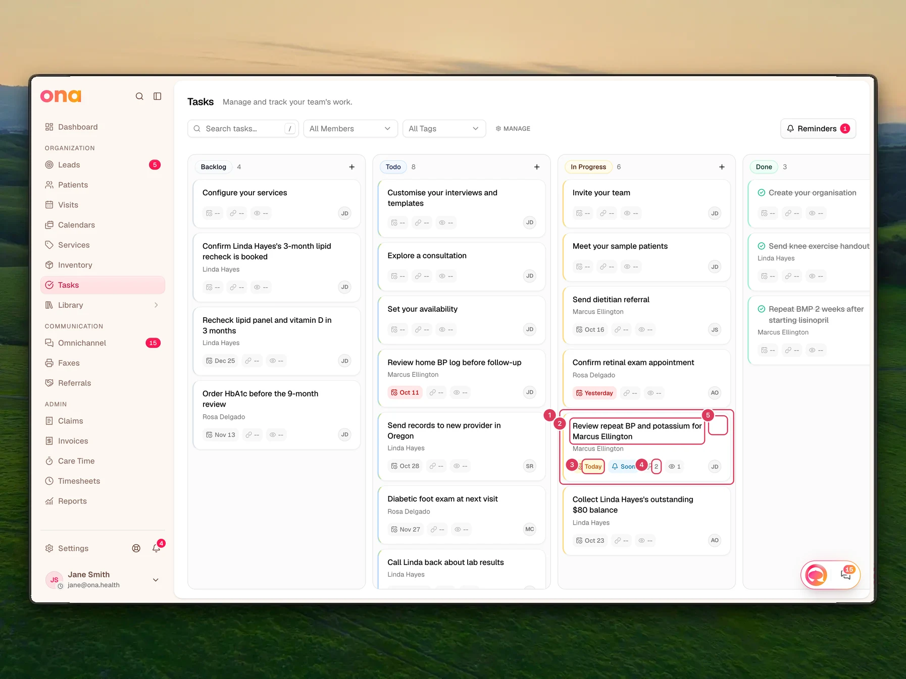 The Tasks board is open with the task card for "Review repeat BP and potassium for Marcus Ellington," showing the completion toggle at the left edge, the task title, deadline and reminder indicators, linked-record and watcher counts, and the task options menu.