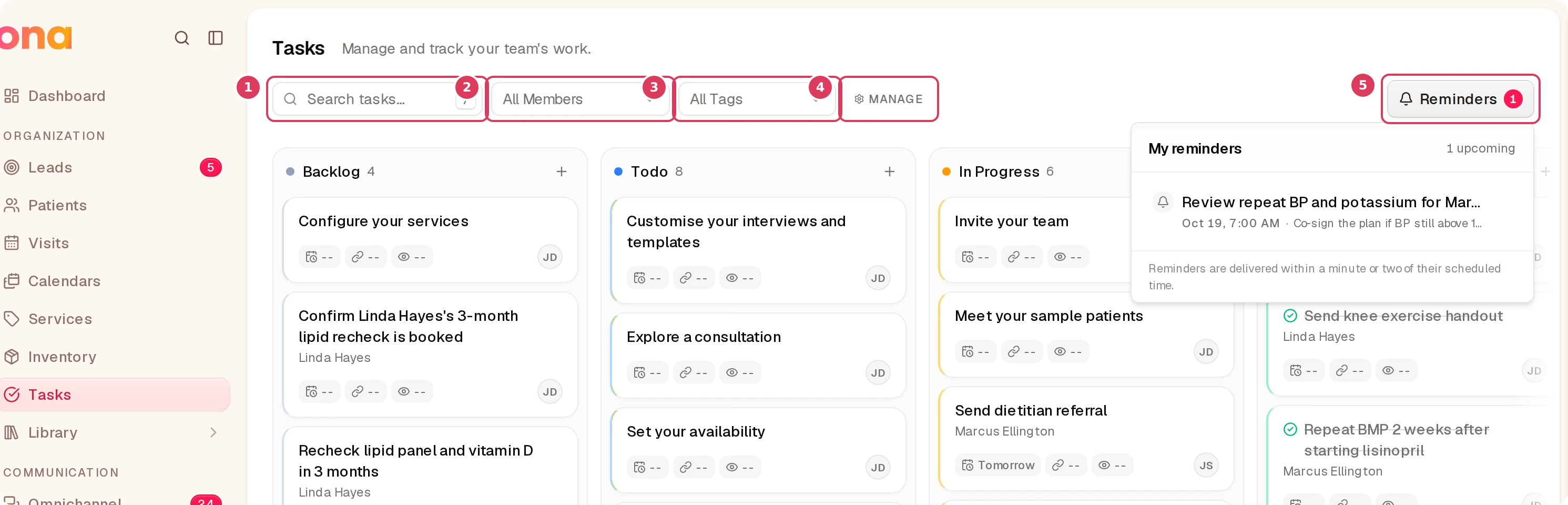 The Tasks page header is visible with the search, member, and tag filters, the manage-tags button, and the reminders popover open from the Reminders button.