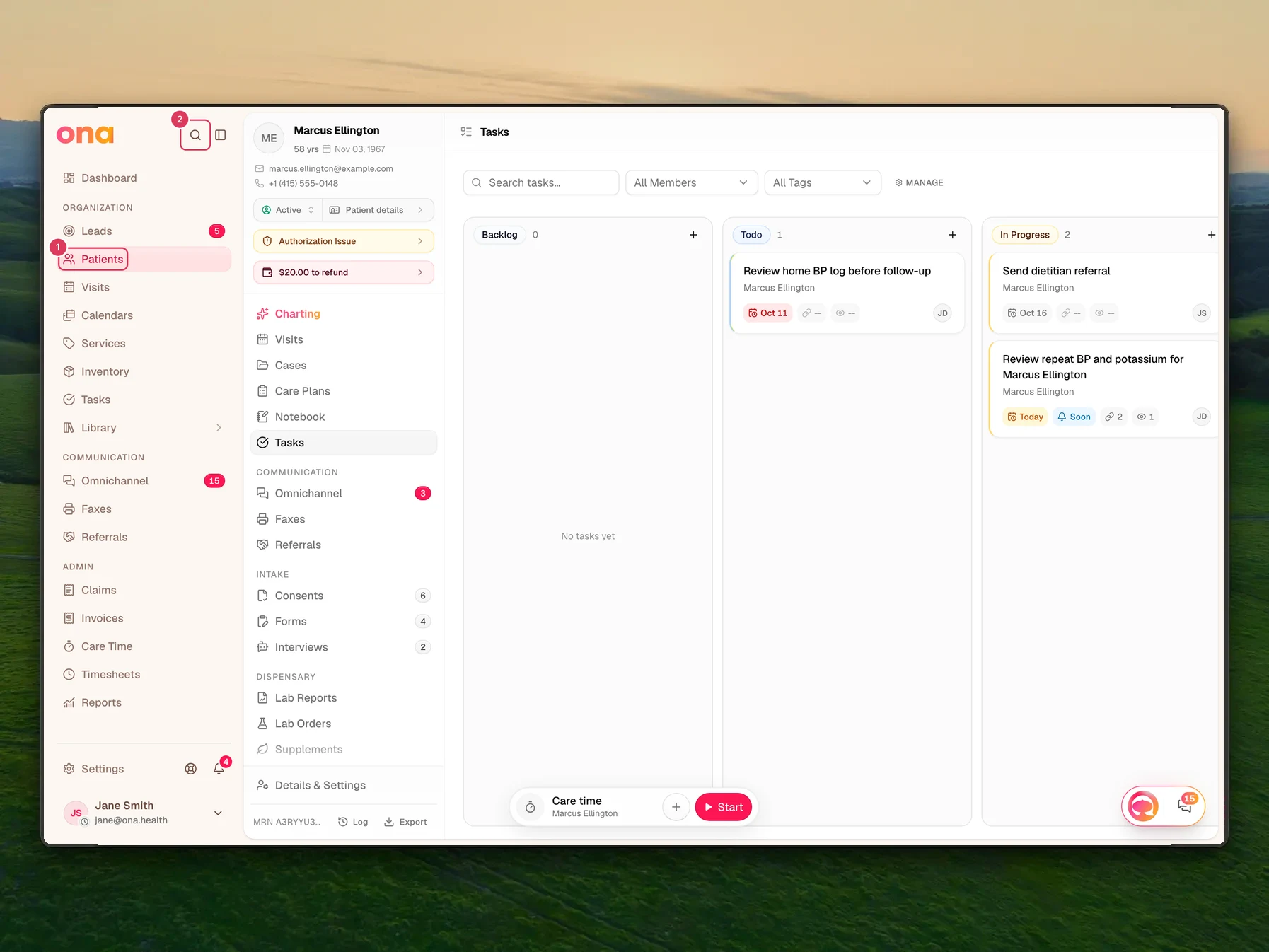 Marcus Ellington's patient chart is open, with the Patients link in the left sidebar and the Open command menu button visible as a way to jump to or create tasks.