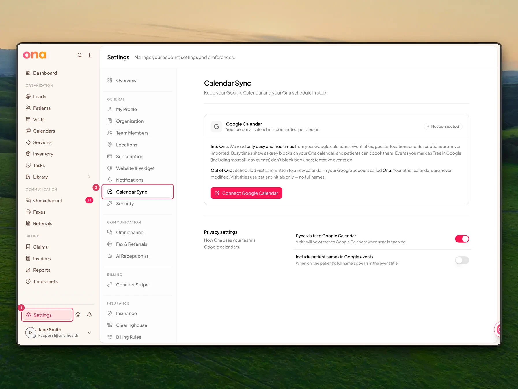 The Settings area is open with Settings highlighted in the left sidebar and Calendar Sync highlighted in the settings menu.