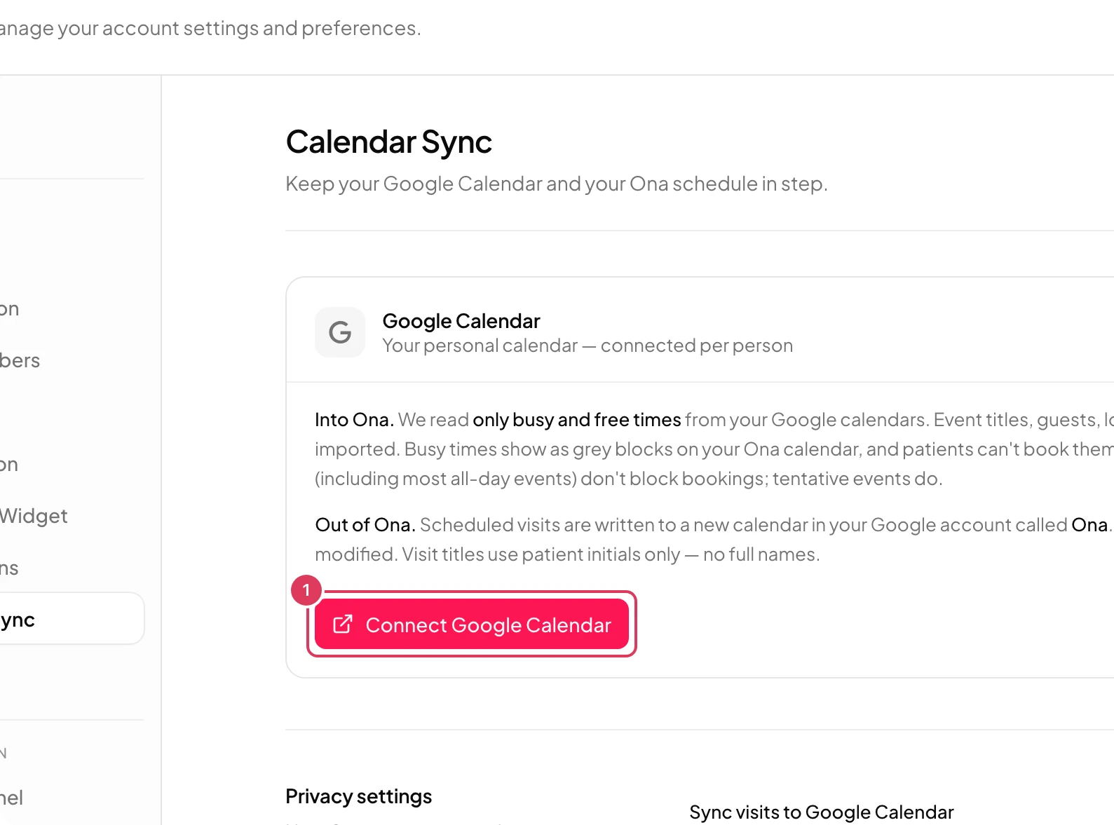 The Calendar Sync page shows the Google Calendar connection card with explanatory text about busy times and a Connect Google Calendar button.