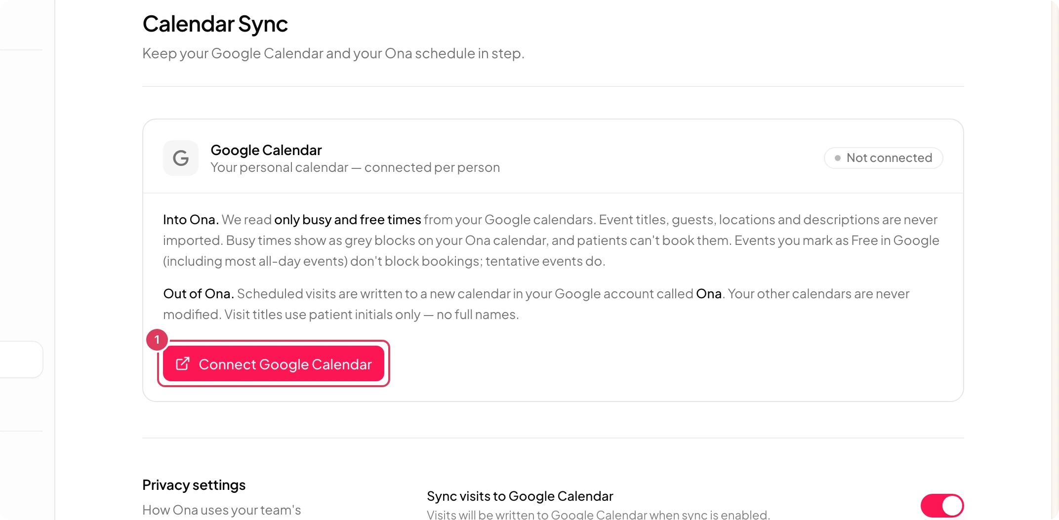 The Google Calendar card on the Calendar Sync settings page shows that the account is not connected and includes a Connect Google Calendar button.