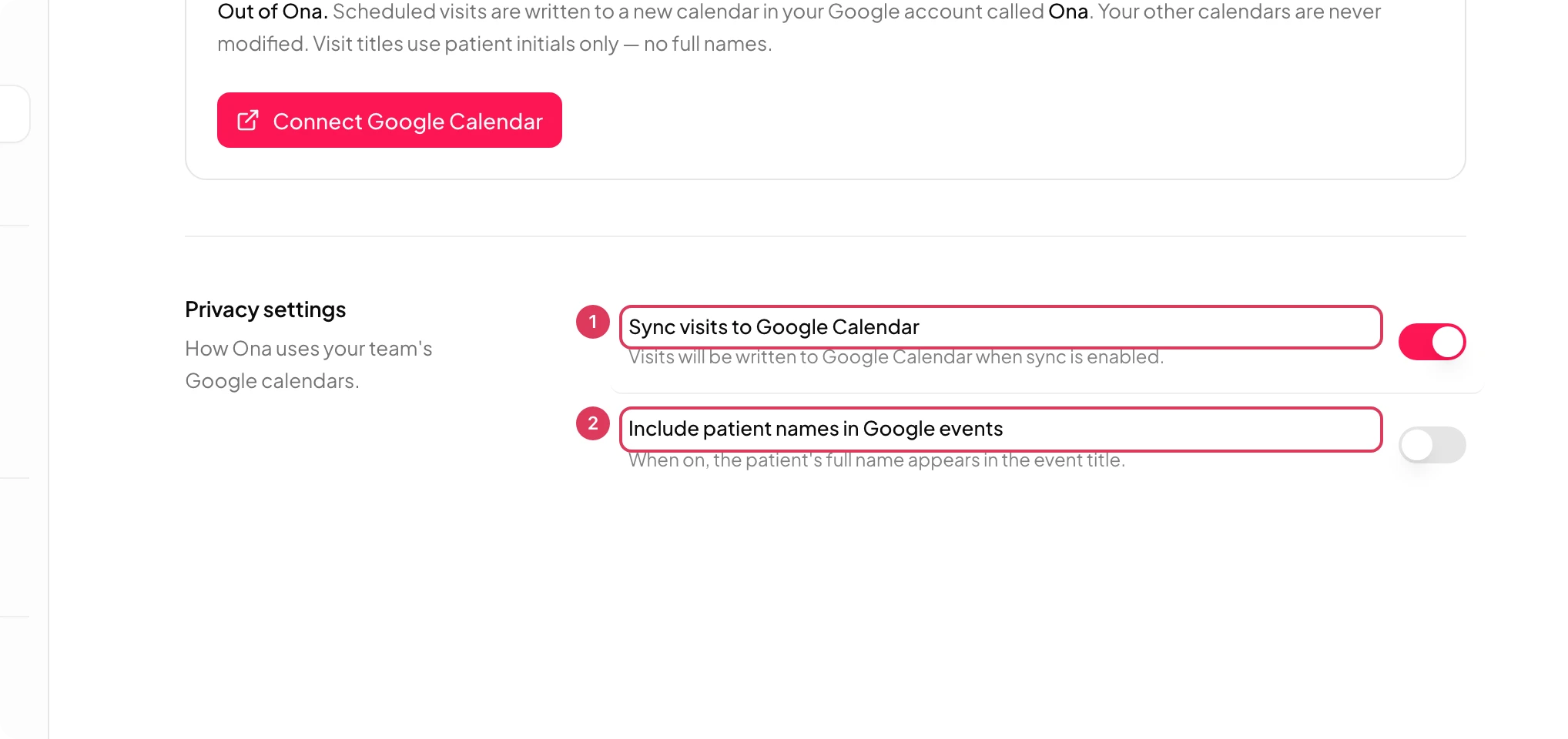 The Privacy settings section shows organization-wide Google Calendar switches for syncing visits and including patient names in Google event titles.