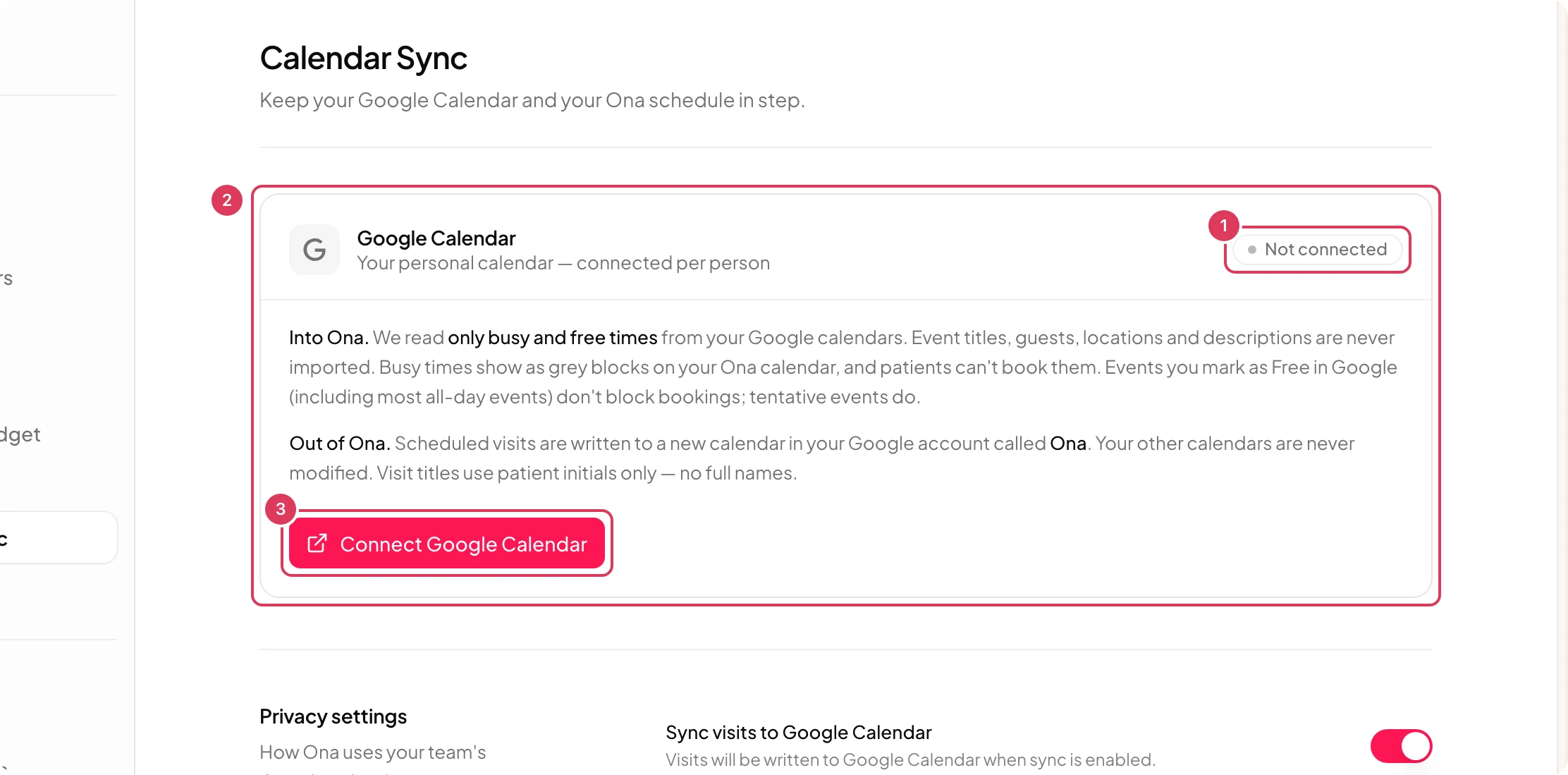 The Calendar Sync settings page shows the Google Calendar card with its current connection status and a button to connect Google Calendar when it is not connected.