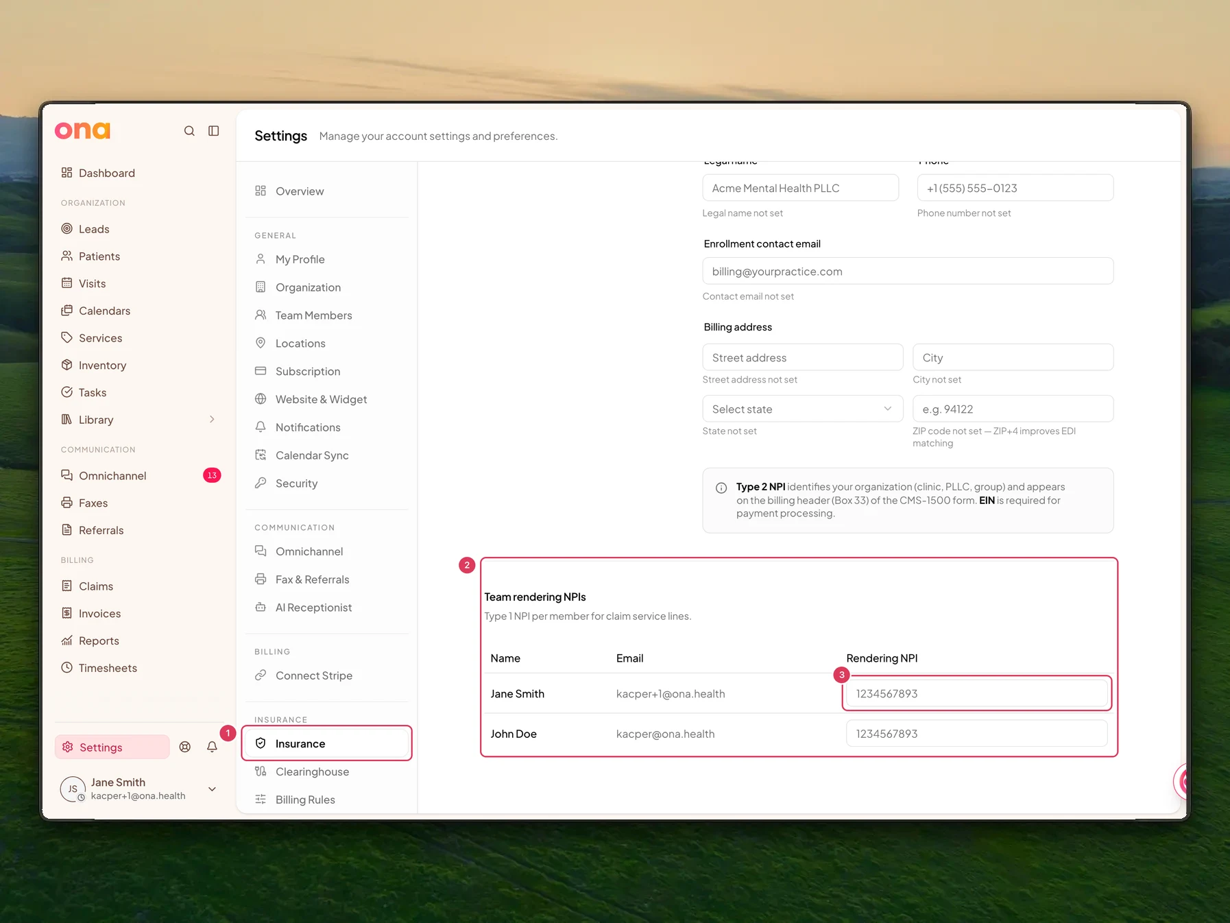 The Insurance settings page is open with the Team rendering NPIs section showing a table where each team member has a Rendering NPI field for claim service lines.
