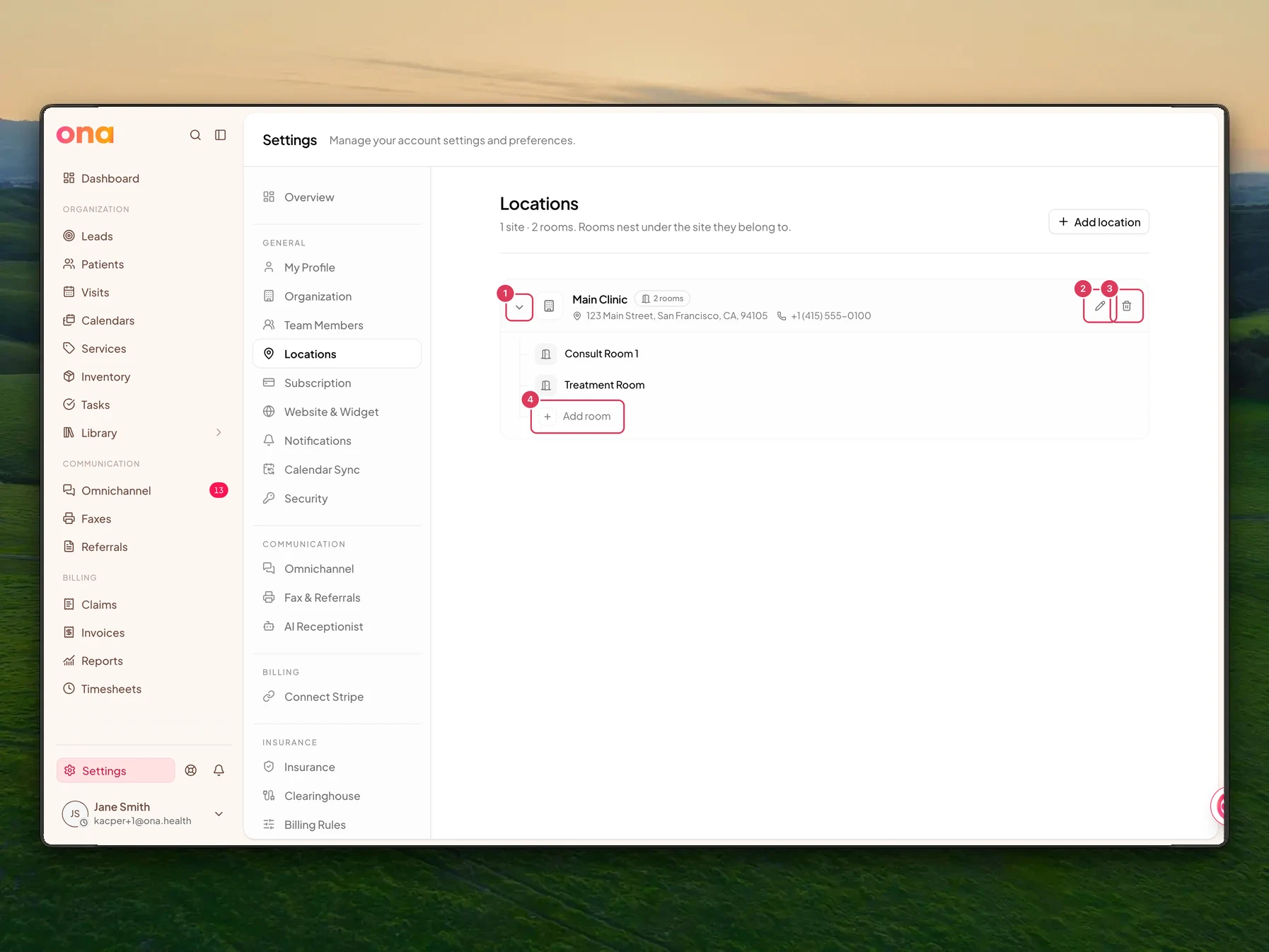 The Locations settings page shows the expanded Main Clinic site with a collapse control, edit and delete buttons, nested rooms, and an Add room control.