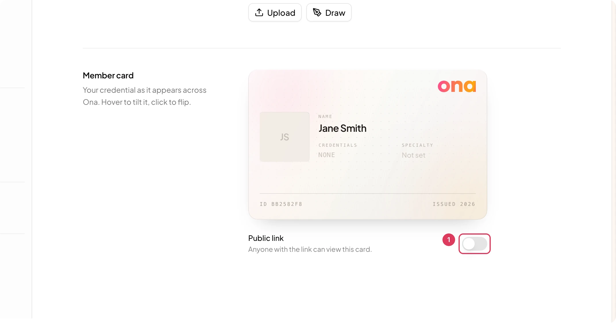 The Member card section of My Profile shows the member card preview and the Public link switch, which must be enabled before link actions appear.