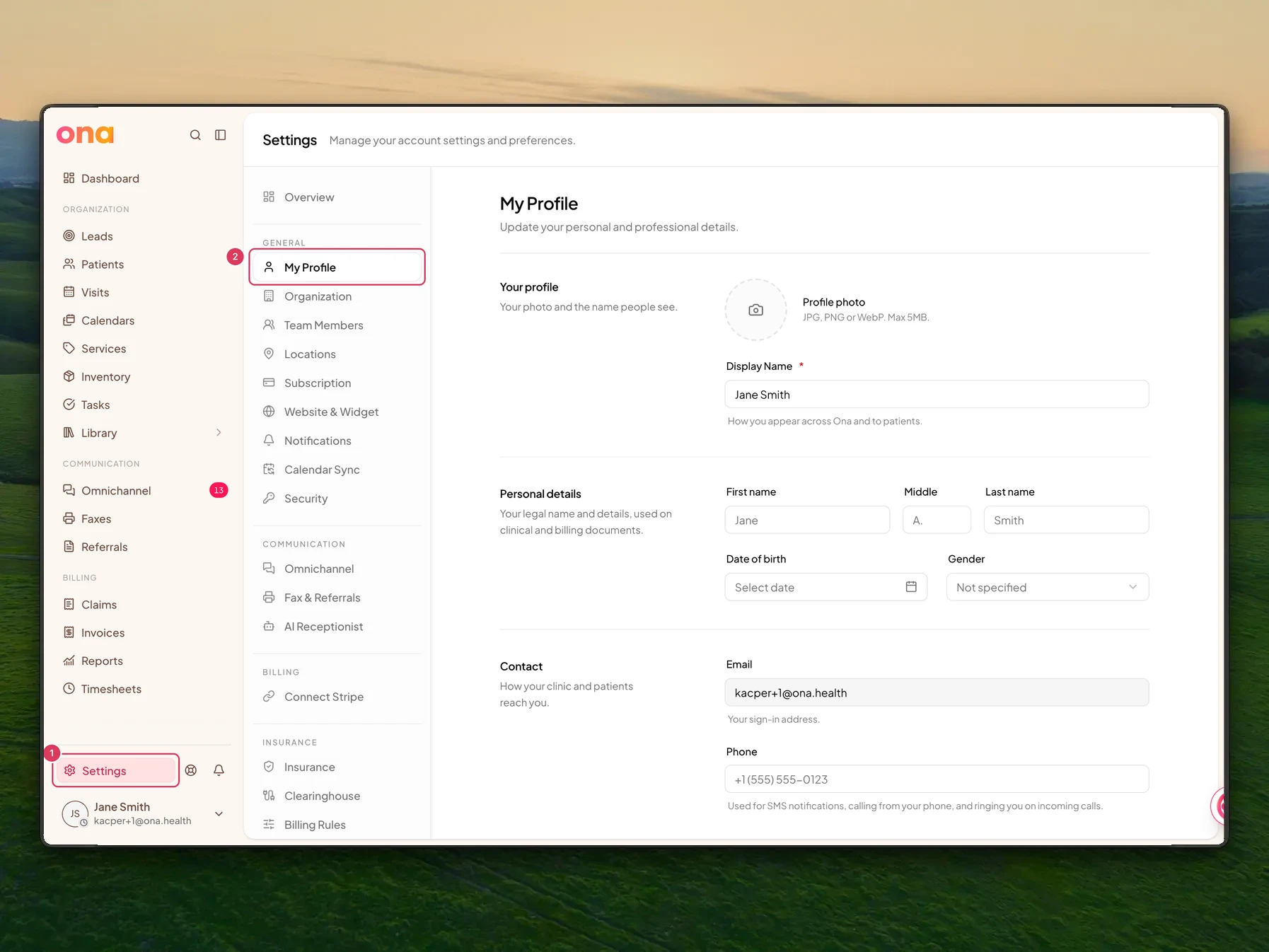 The profile settings page is open with Settings highlighted in the left sidebar and My Profile highlighted in the settings menu.