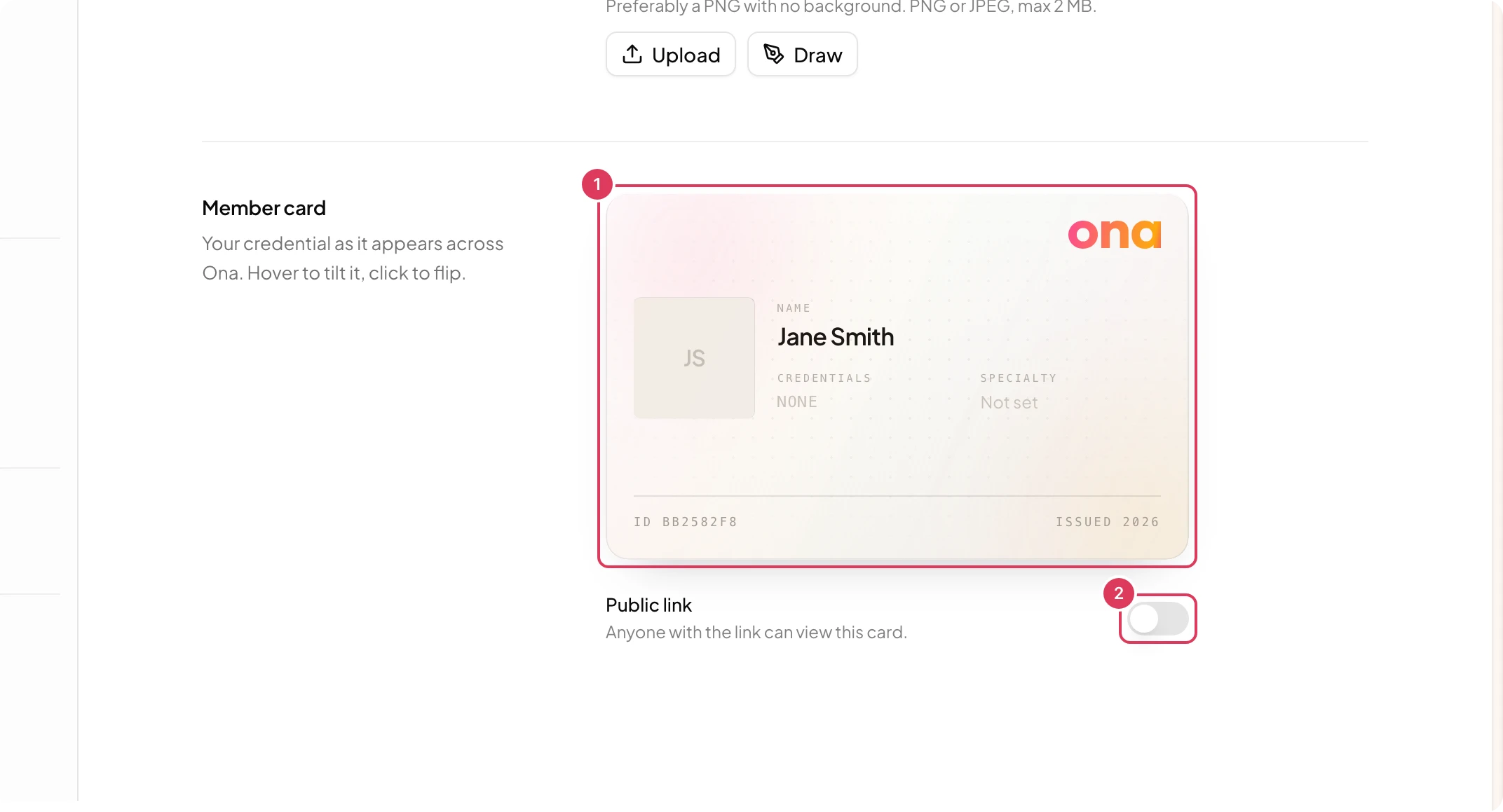 The Member card region of My Profile shows Jane Smith’s member card and the Public link switch used to make the card link available before rotation controls appear.