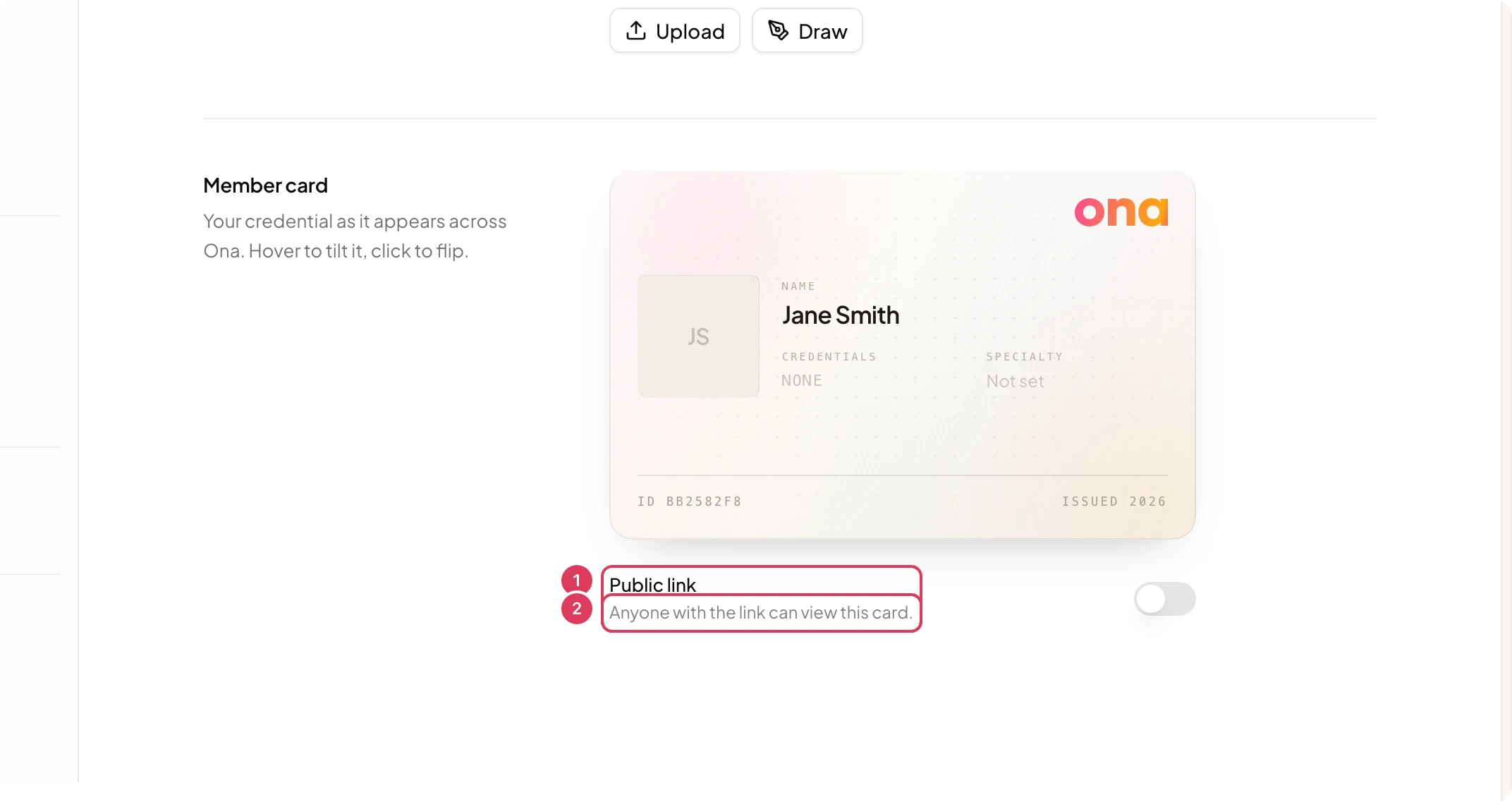 The Member card section shows the card preview with the Public link setting row, the sharing note explaining that anyone with the link can view the card, and the Public link switch.