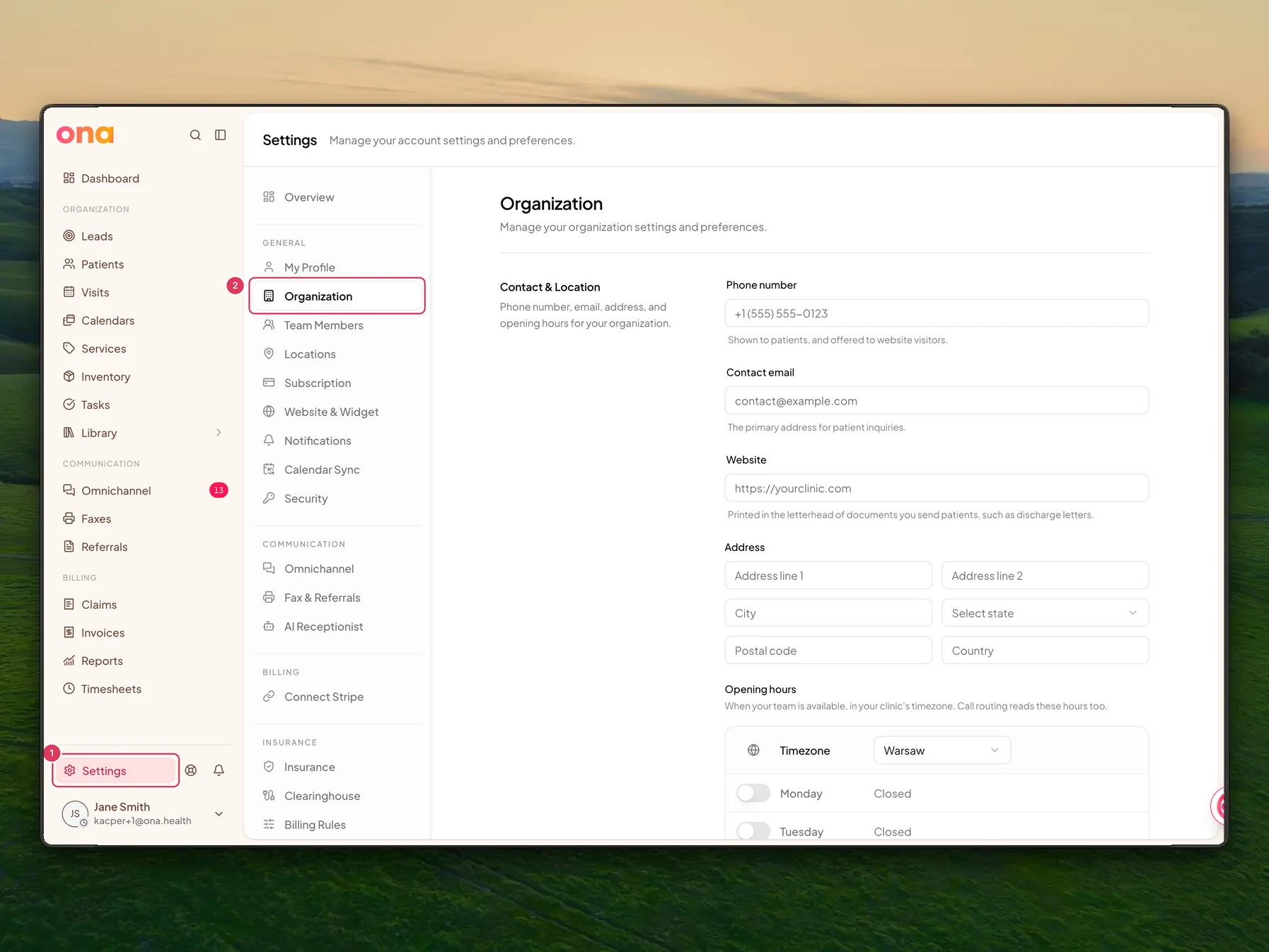 The Organization settings page is open with Settings highlighted in the left sidebar and Organization highlighted in the settings menu.