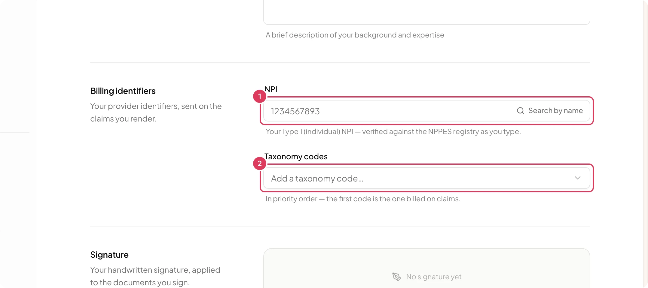 The Billing identifiers section of My Profile shows the NPI textbox and the Taxonomy codes combobox.