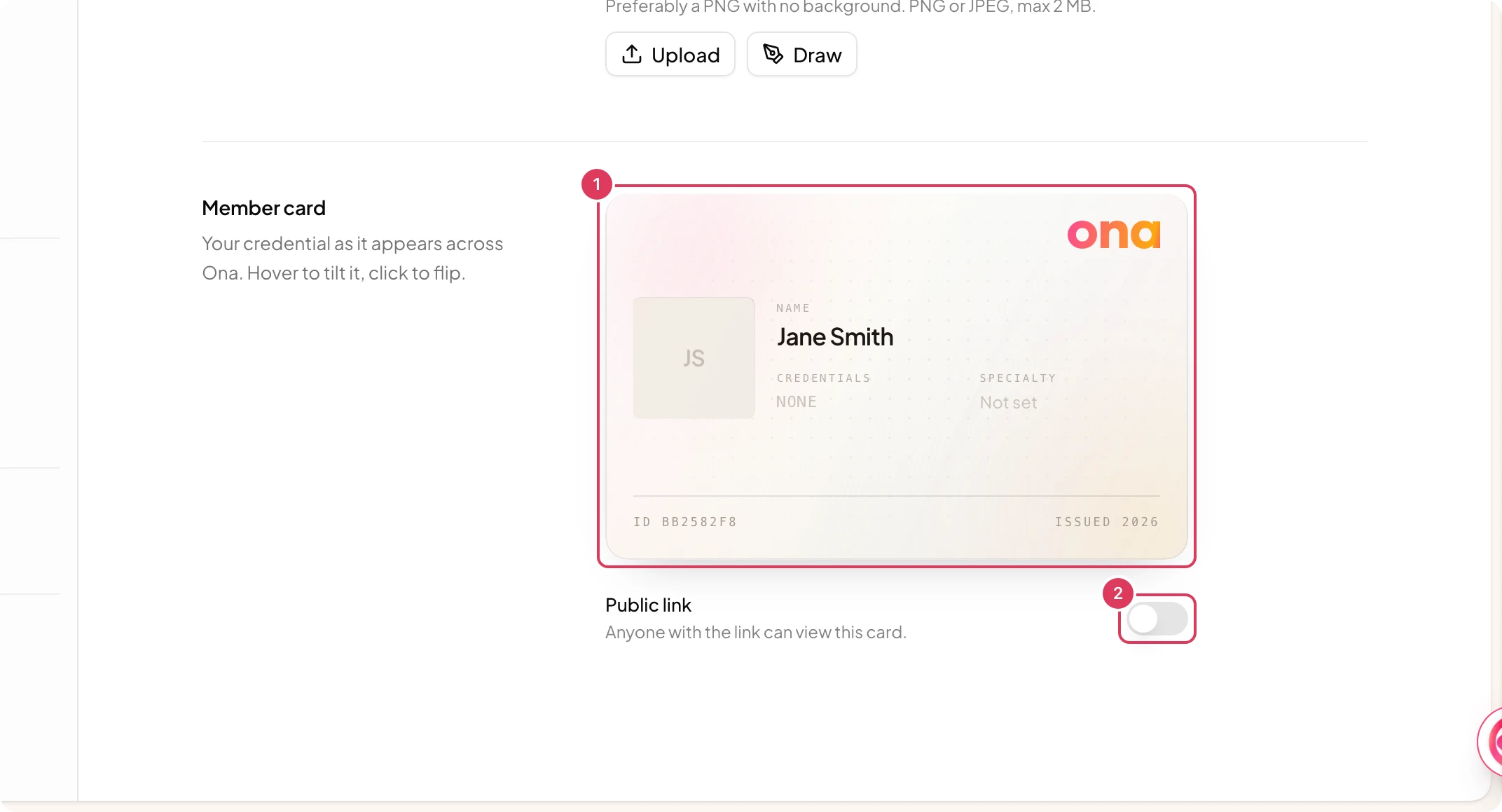 The Member card section of My Profile shows the interactive card preview and the sharing control used to share the credential card.