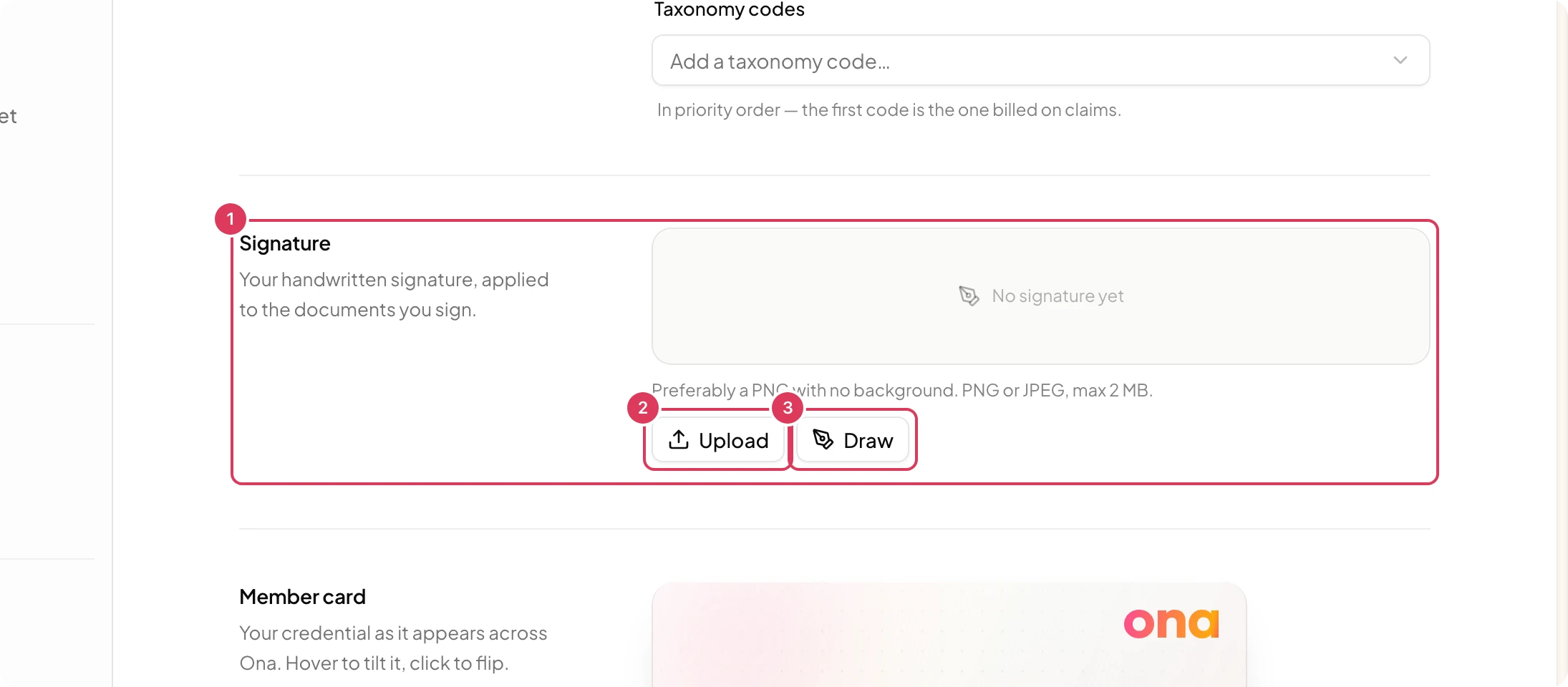 The Signature section of My Profile shows the current signature status and the Upload and Draw buttons for adding or changing a handwritten signature.