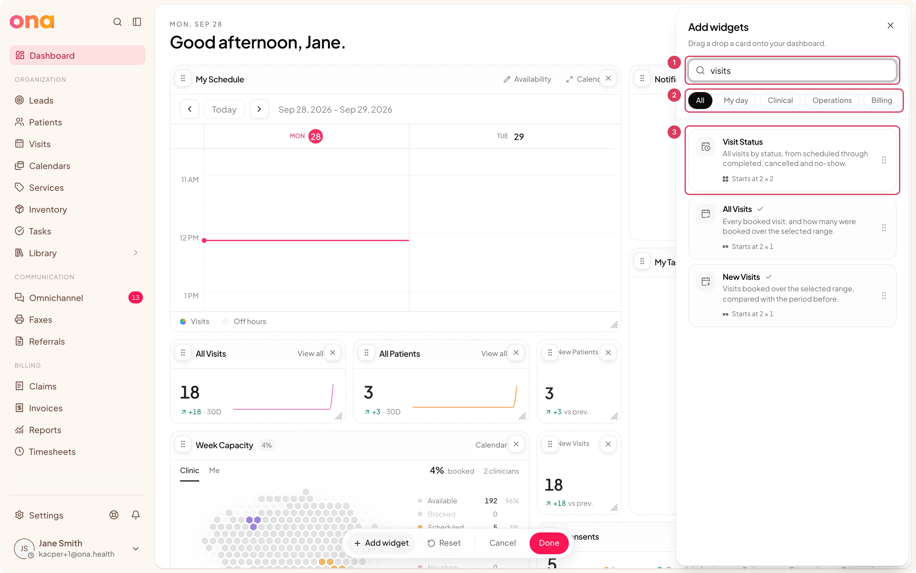 The Add widgets catalog is open as a right-side sheet with a search field, category chips and matching widget cards that can be dragged or selected.