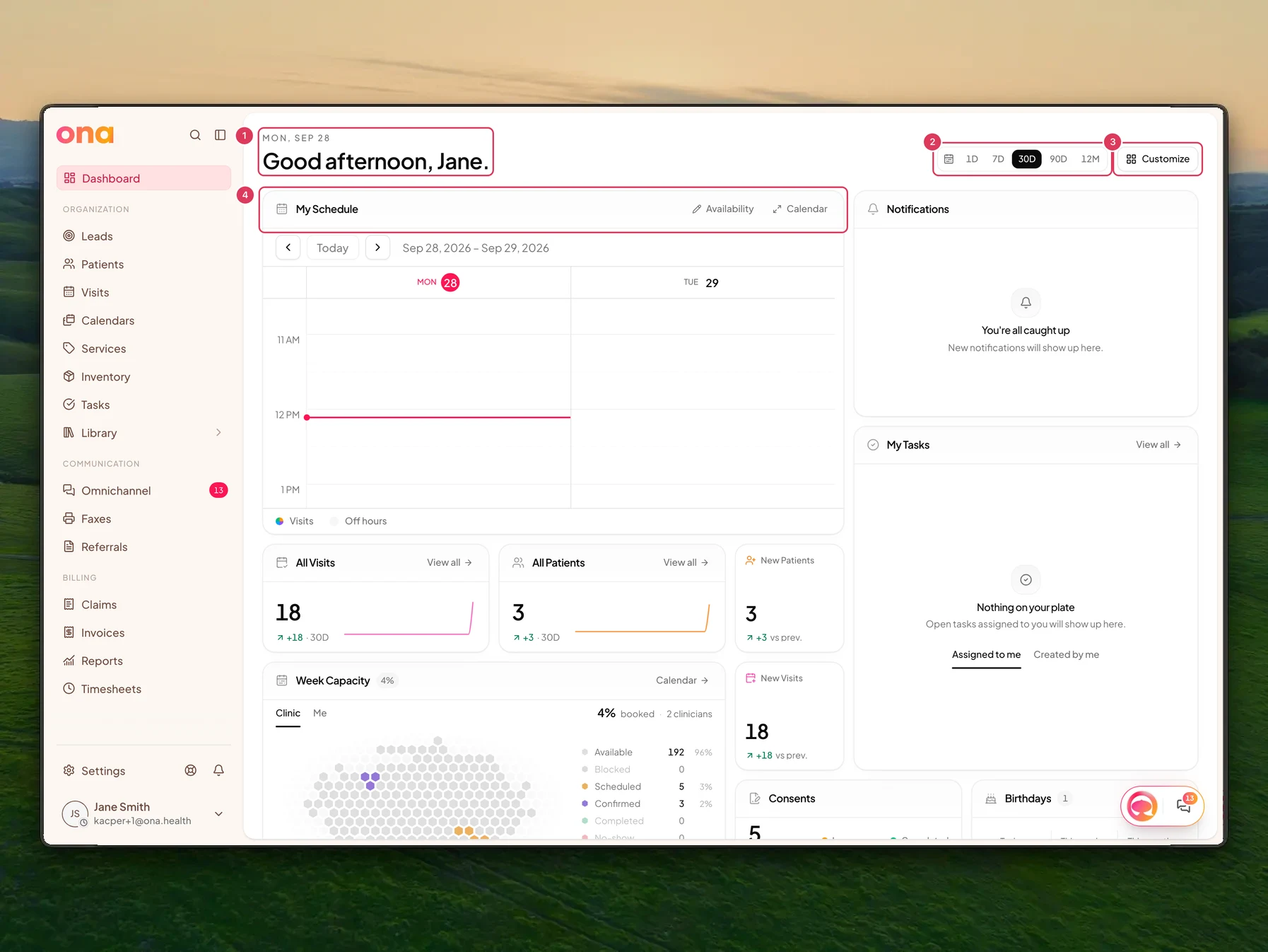 The desktop Dashboard page shows the dated greeting, dashboard time range control, Customize button, and dashboard widget cards.