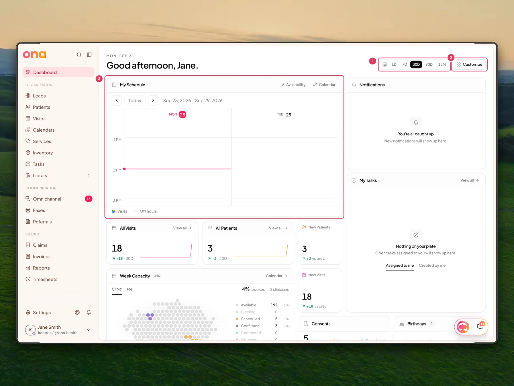The desktop Dashboard shows the full app sidebar, a dashboard-wide time range control, the Customize button and dashboard widgets.