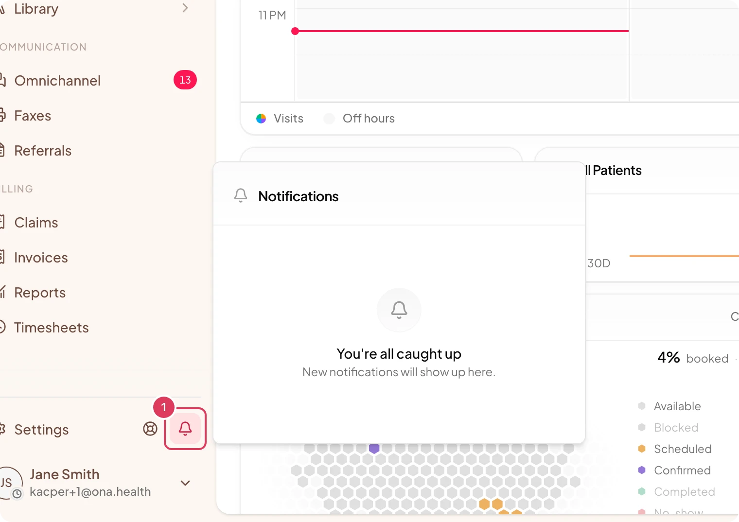 The notifications popover is open from the sidebar bell and shows the empty state message, You're all caught up.