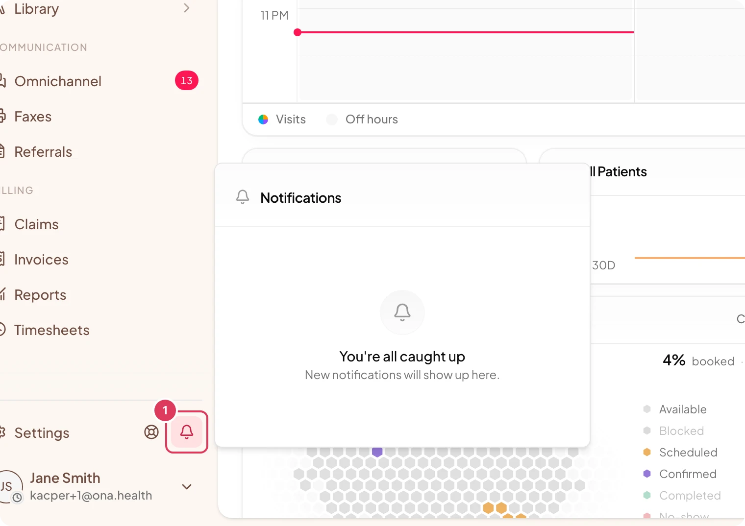 The notifications dialog is open from the sidebar bell, showing the Notifications heading and an all-caught-up empty state.