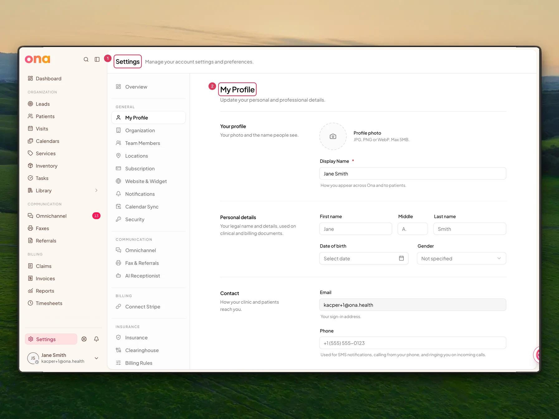 The My Profile settings page is open in the desktop dashboard, showing the settings menu and editable profile sections.