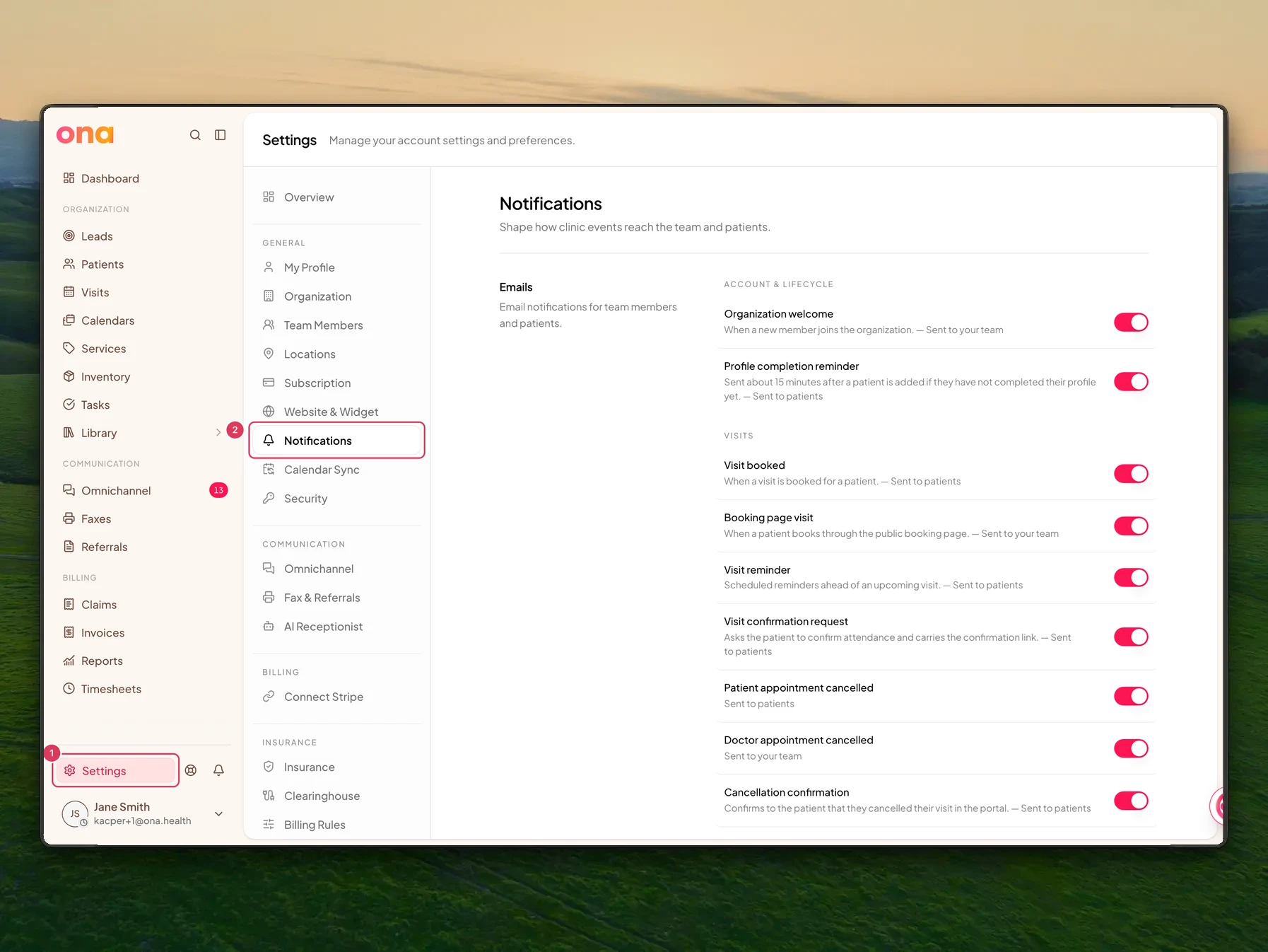 The Settings area is open with Settings highlighted in the left sidebar and Notifications highlighted in the settings menu.