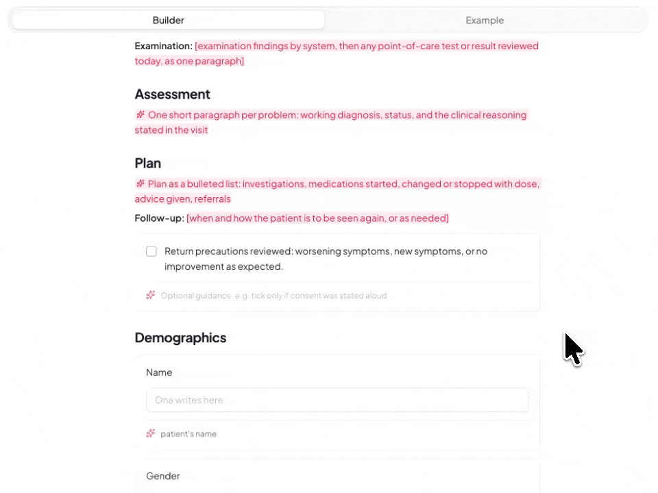 Clicking the plus handle in the gutter of the Plan section and choosing Single choice from the block list, which drops an empty question card into the template with an Ona fills this toggle
