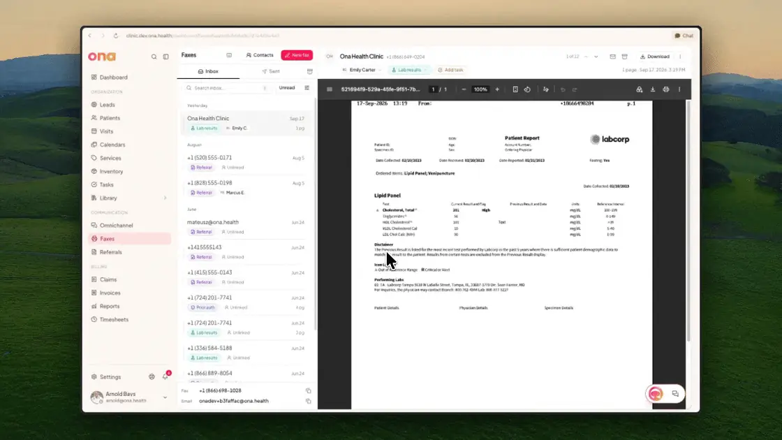 Opening the tasks badge on a fax, choosing New task, and typing a title in the task sheet, which already shows the fax and the patient in its Links row